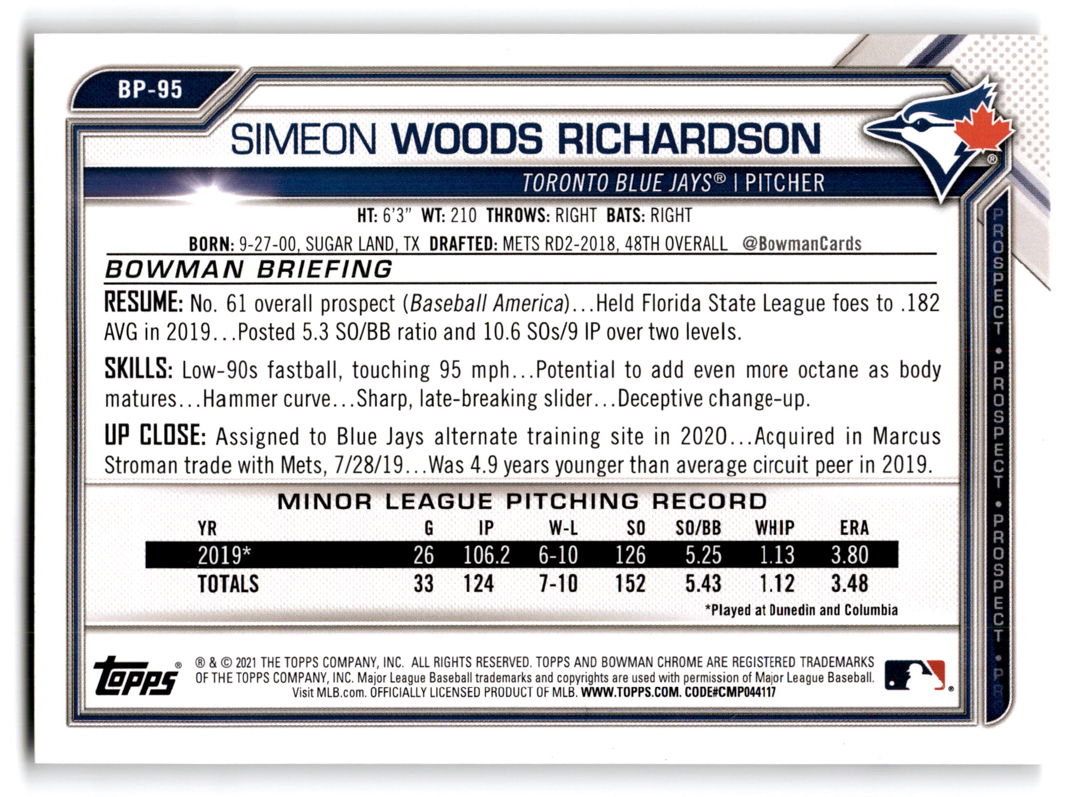 2020 Bowman Prospects Simeon Woods Richardson #BP-95