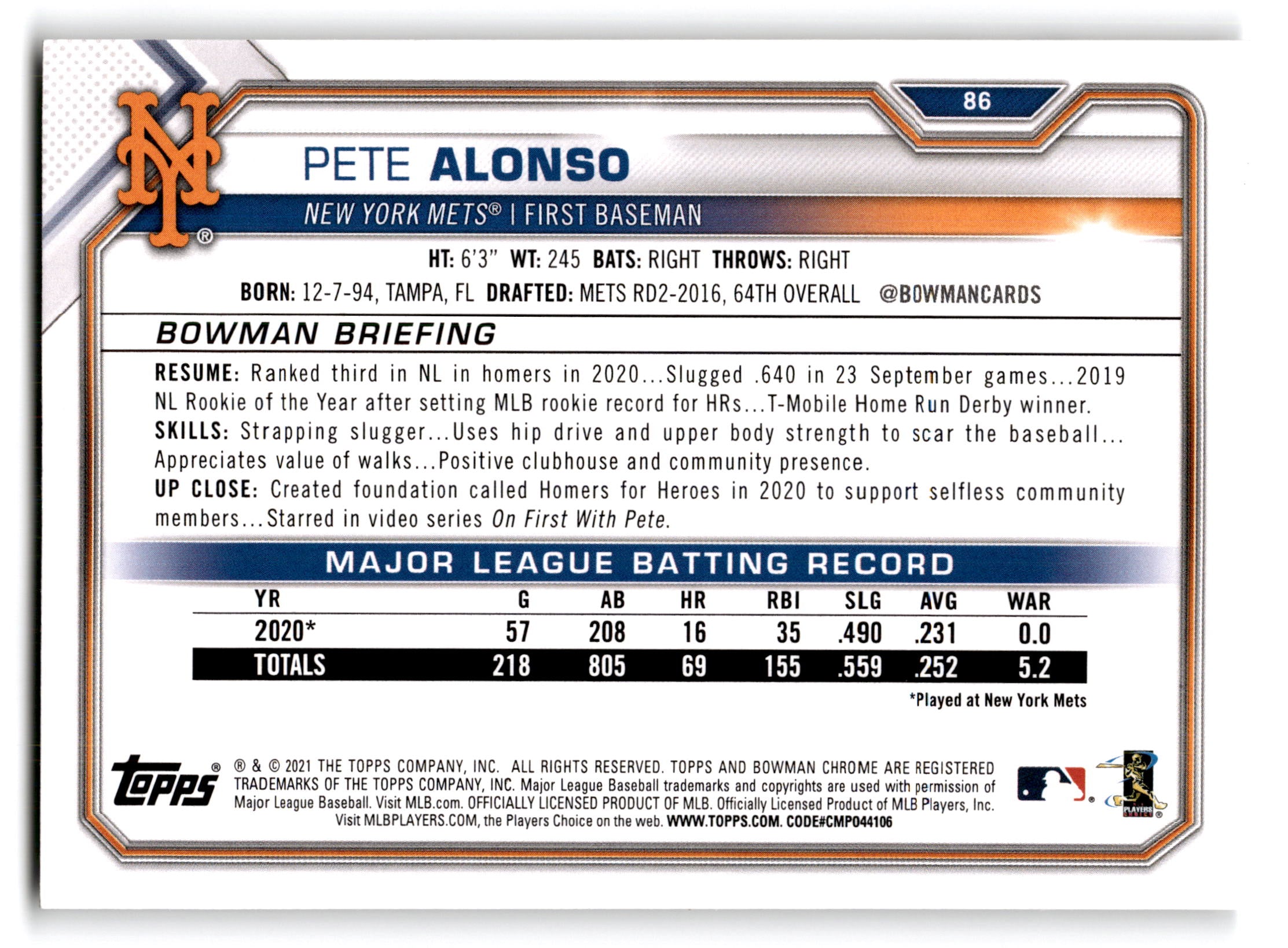 2021 Topps Bowman Pete Alonso #86