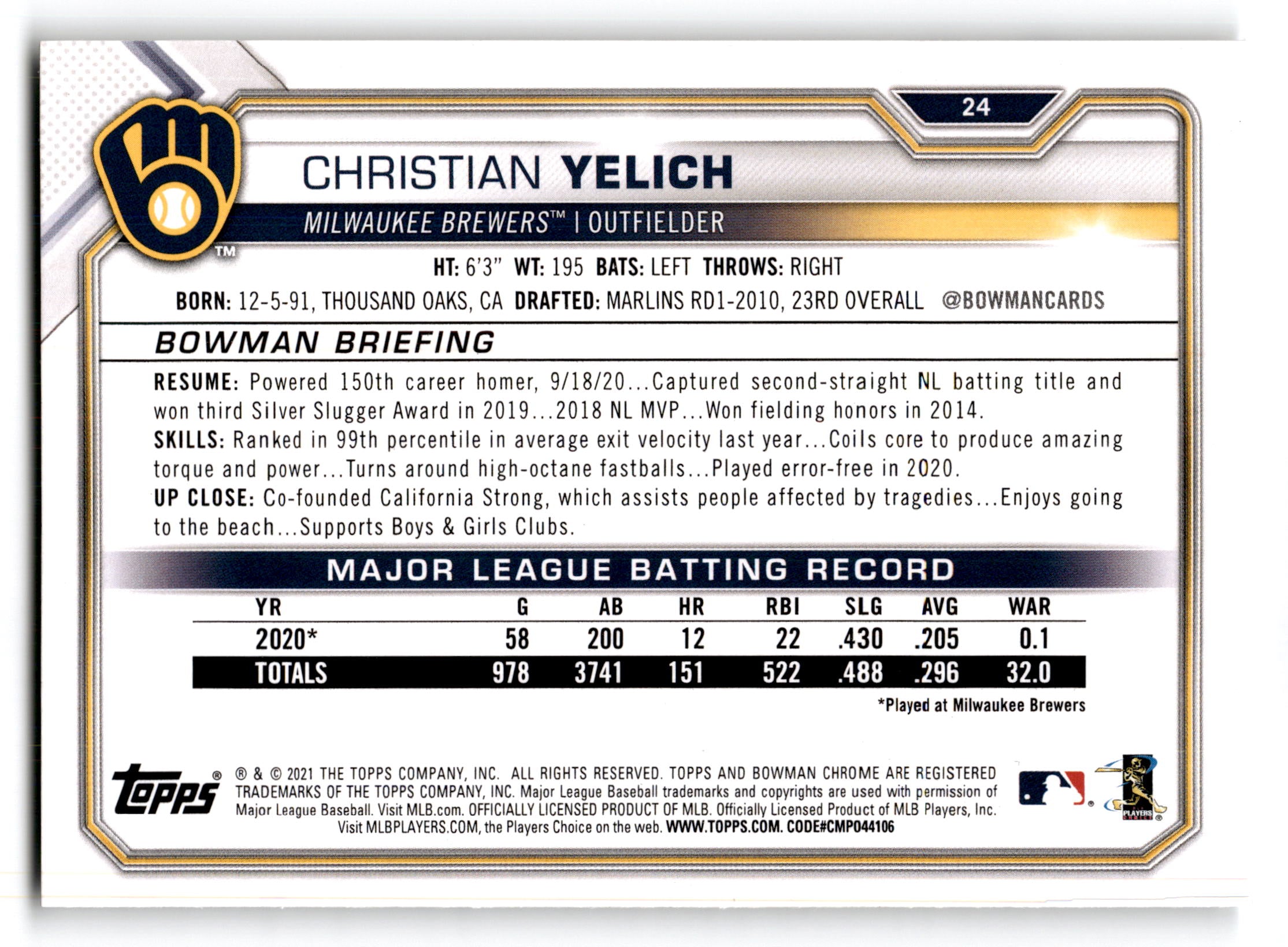 2021 Topps Bowman Christian Yelich #24