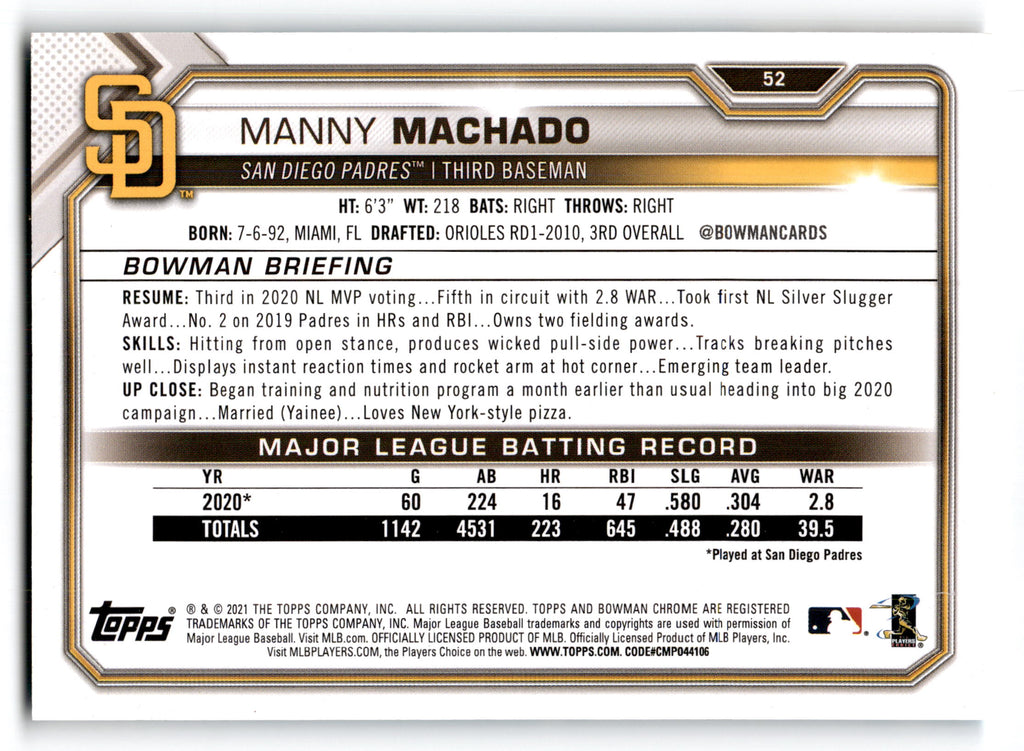2021 Topps Bowman Manny Machado #52 Sky Blue 396/499