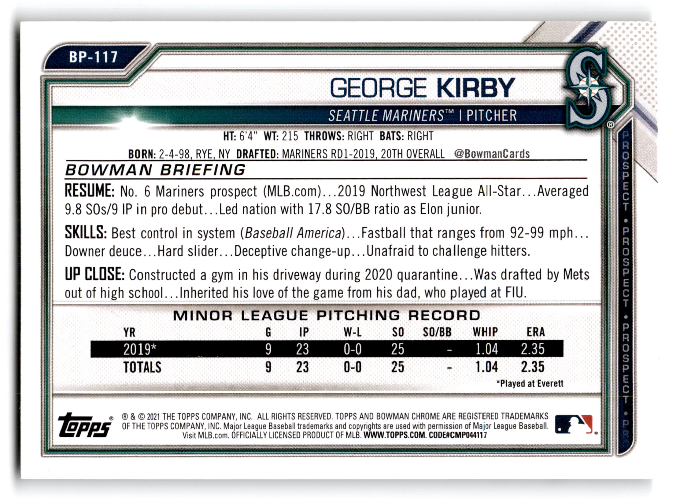 2020 Topps Bowman Prospects George Kirby #BP-117