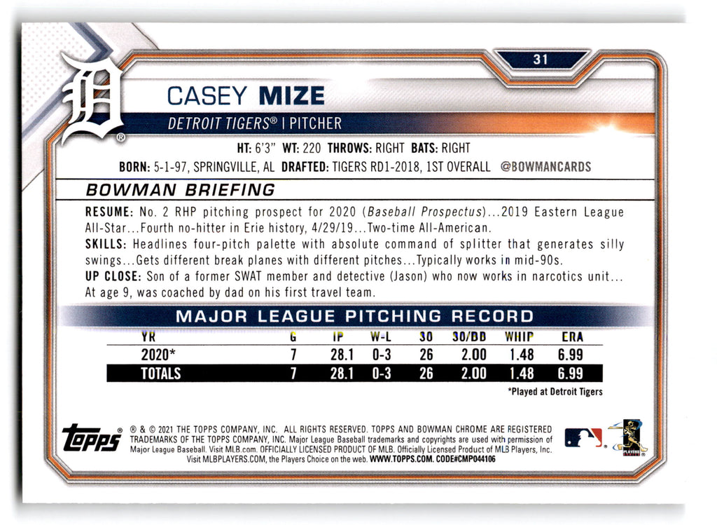 2021 Topps Bowman Casey Mize #31 RC