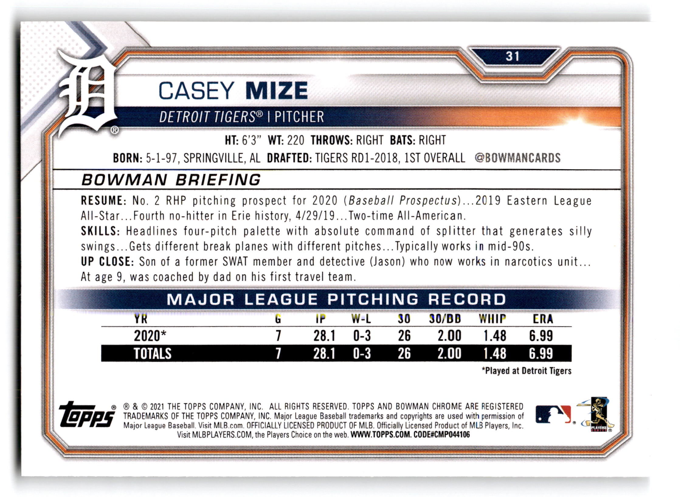 2021 Topps Bowman Casey Mize #31 RC