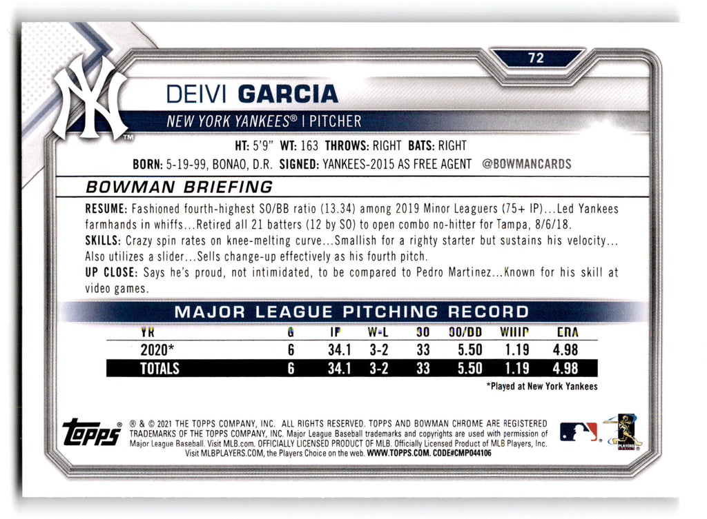 2021 Topps Bowman Deivi Garcia #72 RC