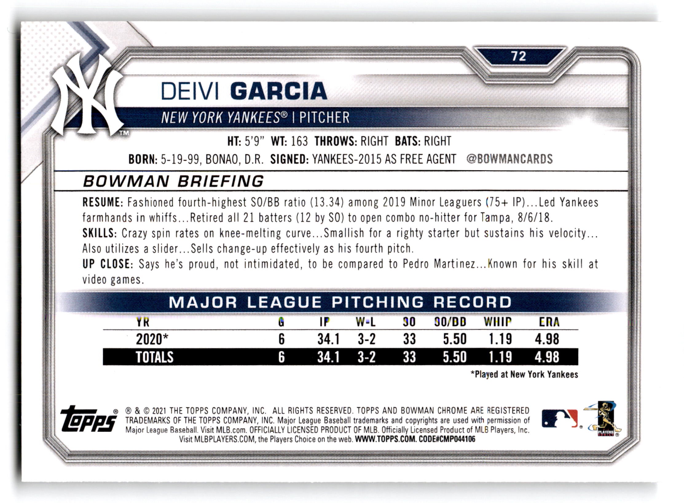2021 Topps Bowman Deivi Garcia #72 RC