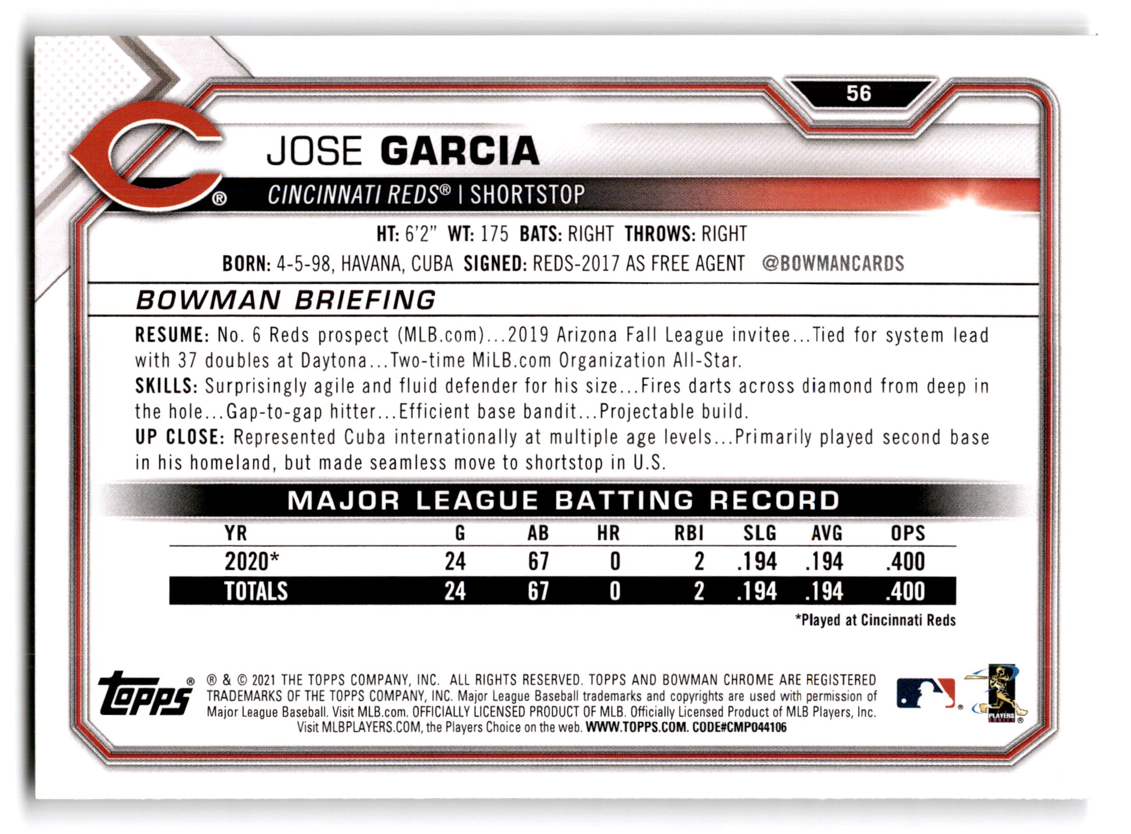 2021 Topps Bowman Jose Garcia #56 RC