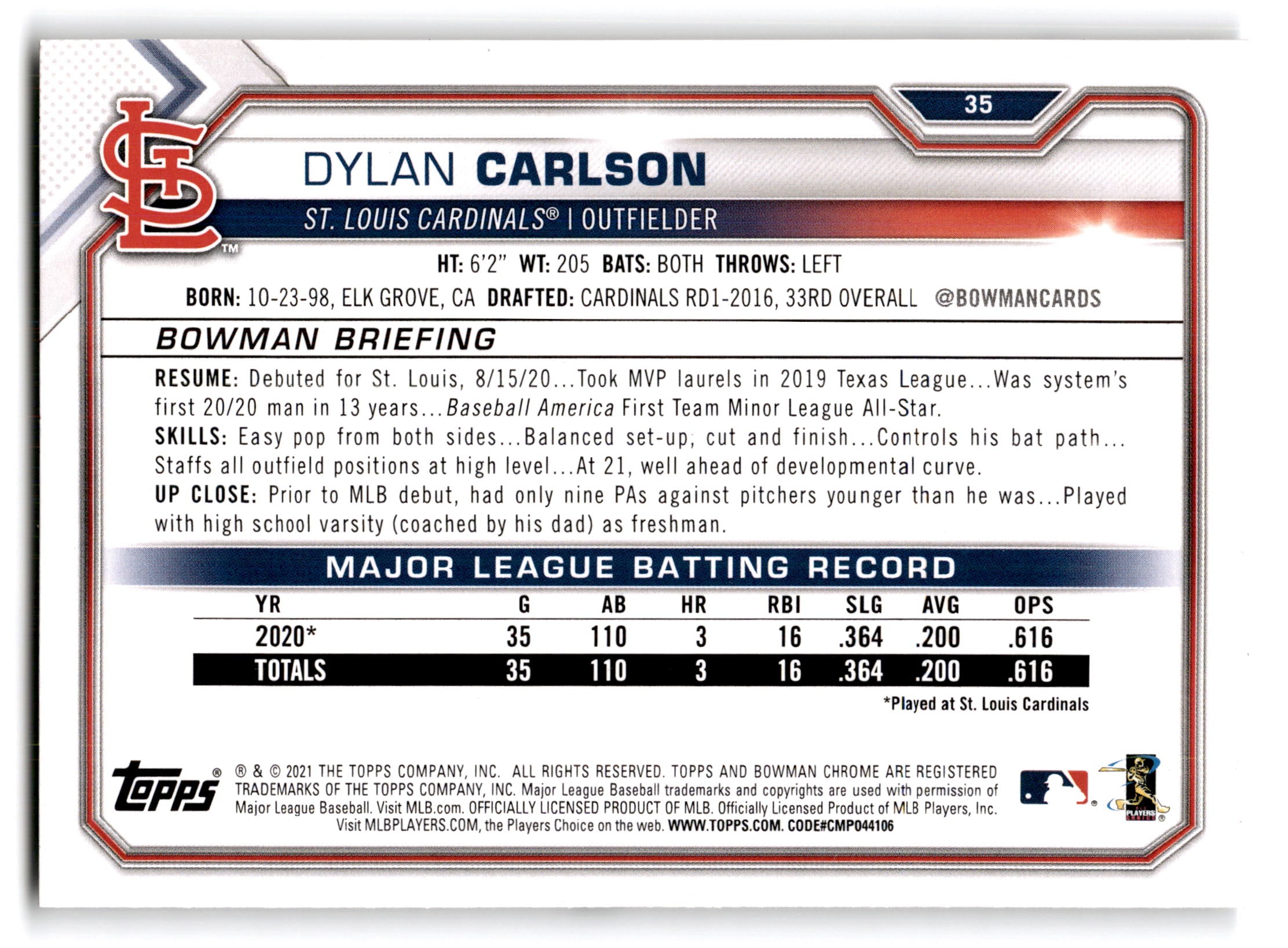 2021 Topps Bowman Dylan Carlson #35 RC