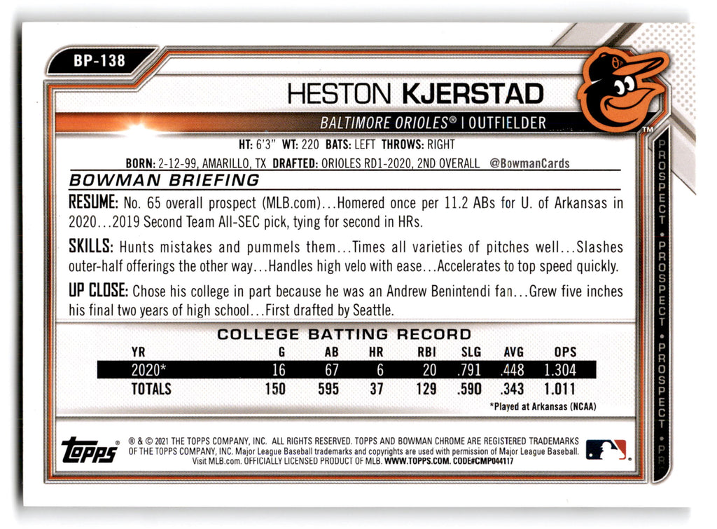 2021 Topps Bowman Prospects Heston Kjerstad #BP-138