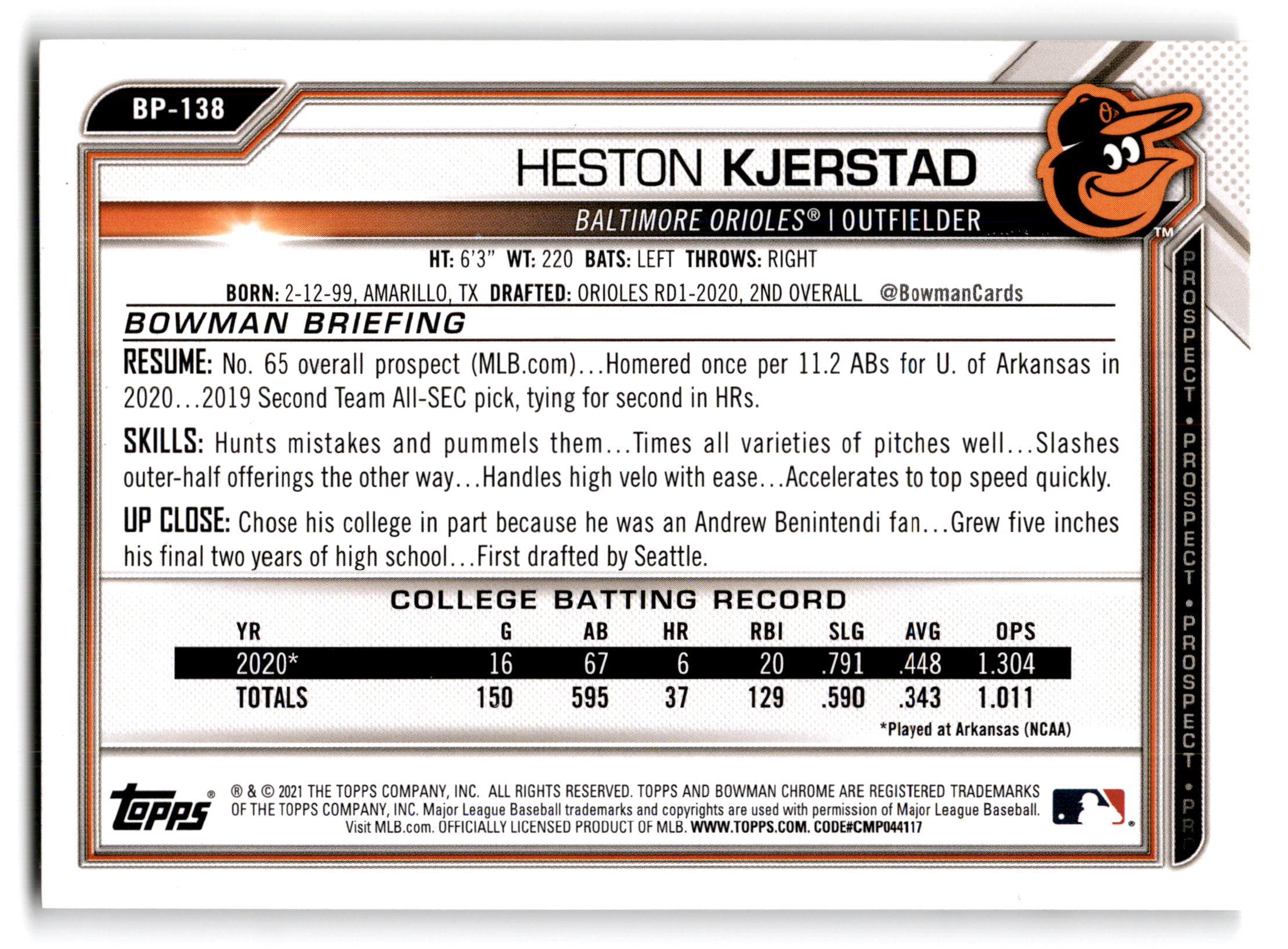 2021 Topps Bowman Prospects Heston Kjerstad #BP-138