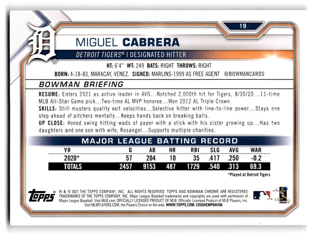 2021 Topps Bowman Miguel Cabrera #19