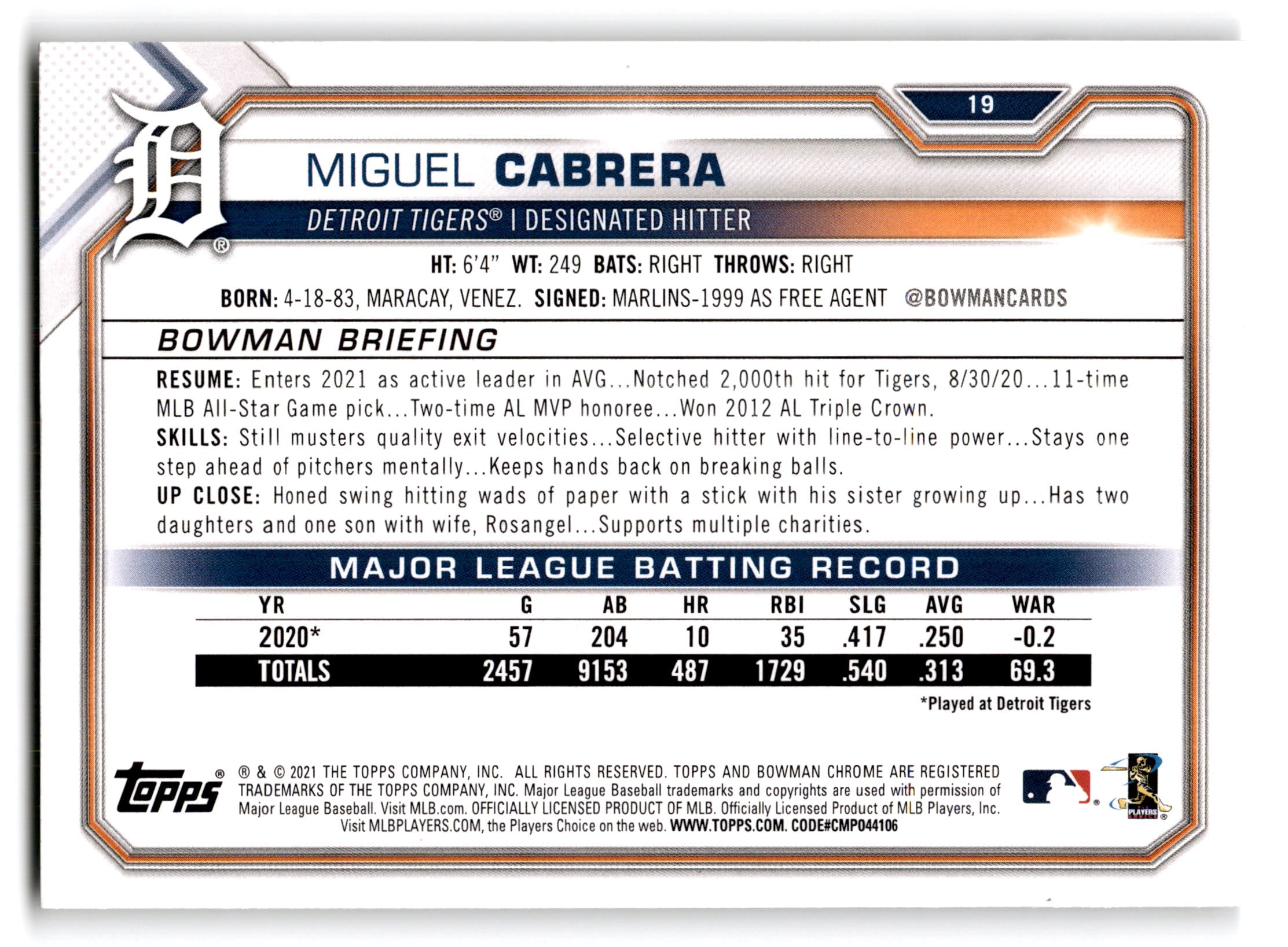 2021 Topps Bowman Miguel Cabrera #19
