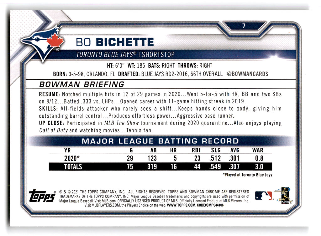 2021 Topps Bowman Bo Bichette #7
