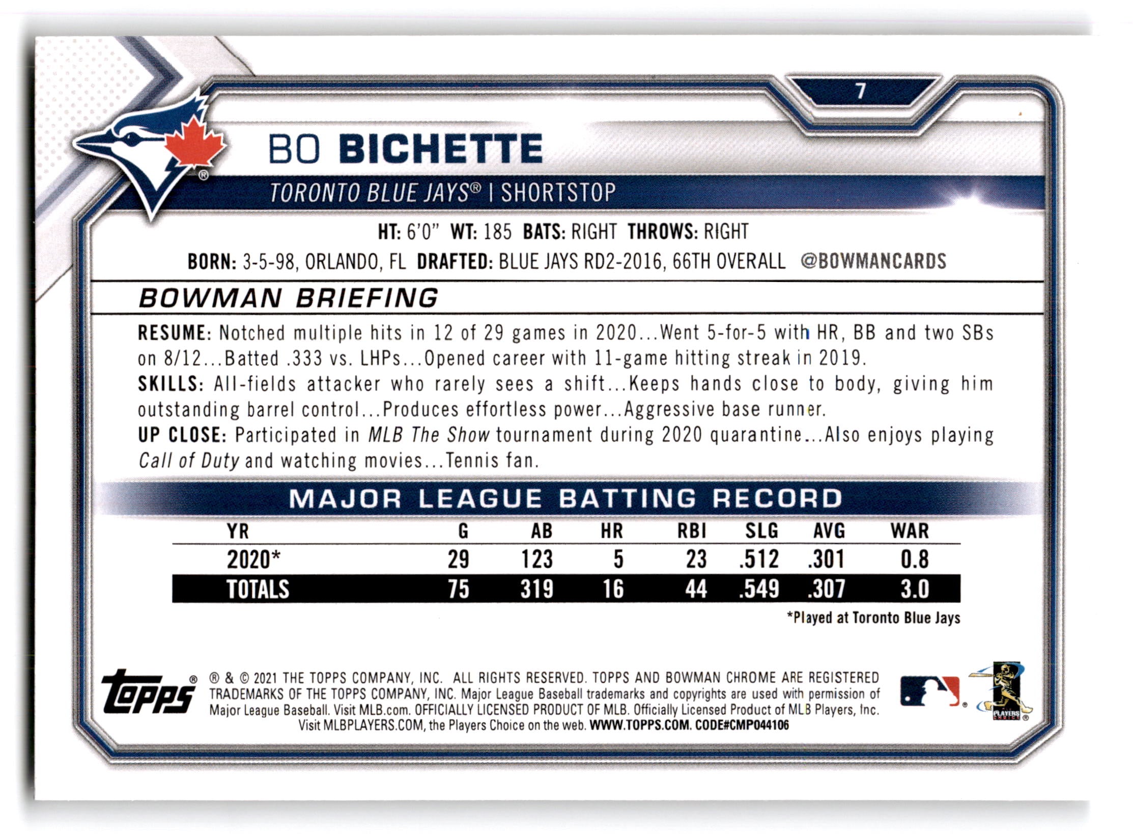 2021 Topps Bowman Bo Bichette #7