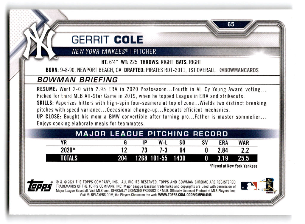 2021 Topps Bowman Gerrit Cole #65