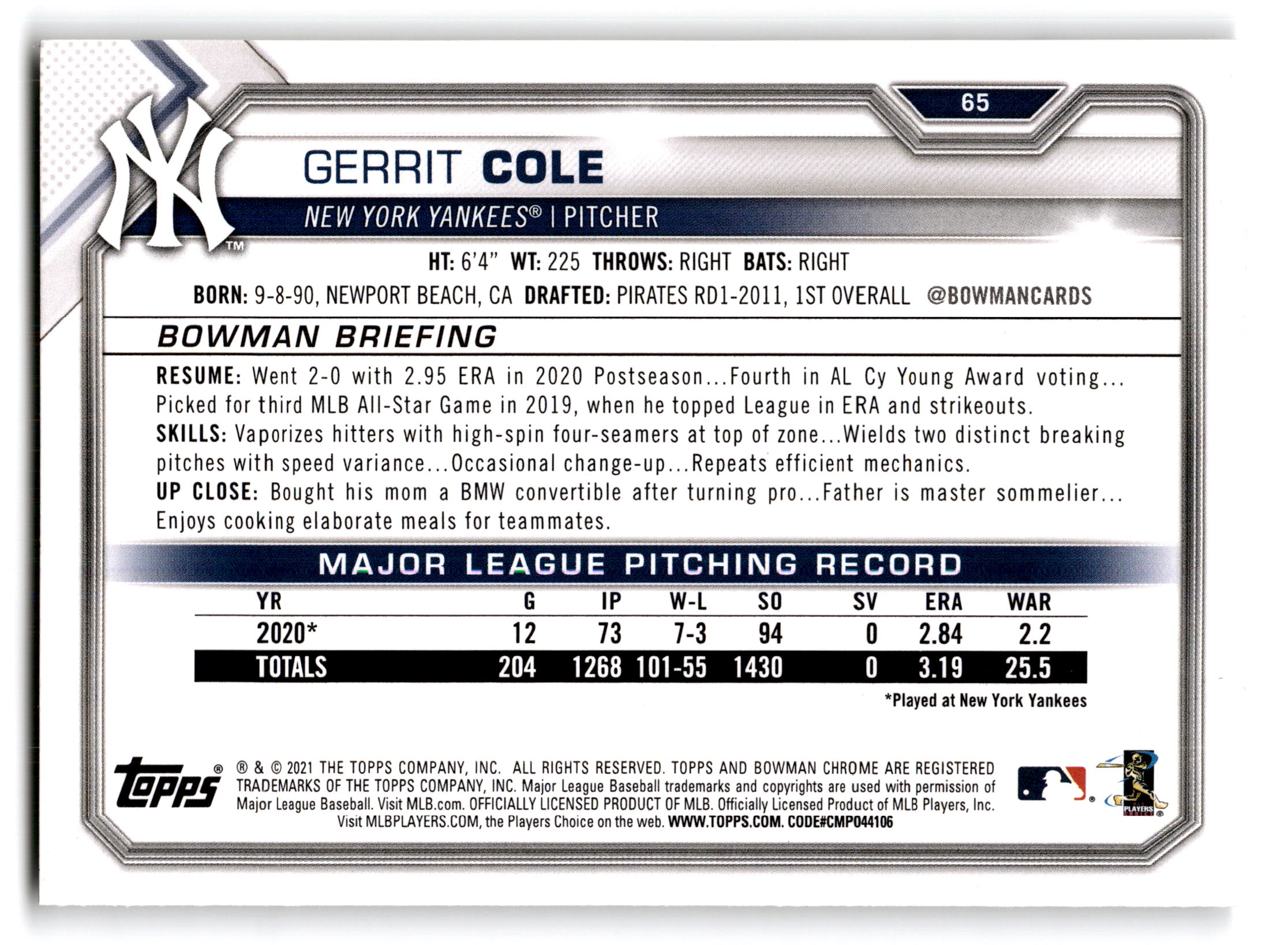 2021 Topps Bowman Gerrit Cole #65