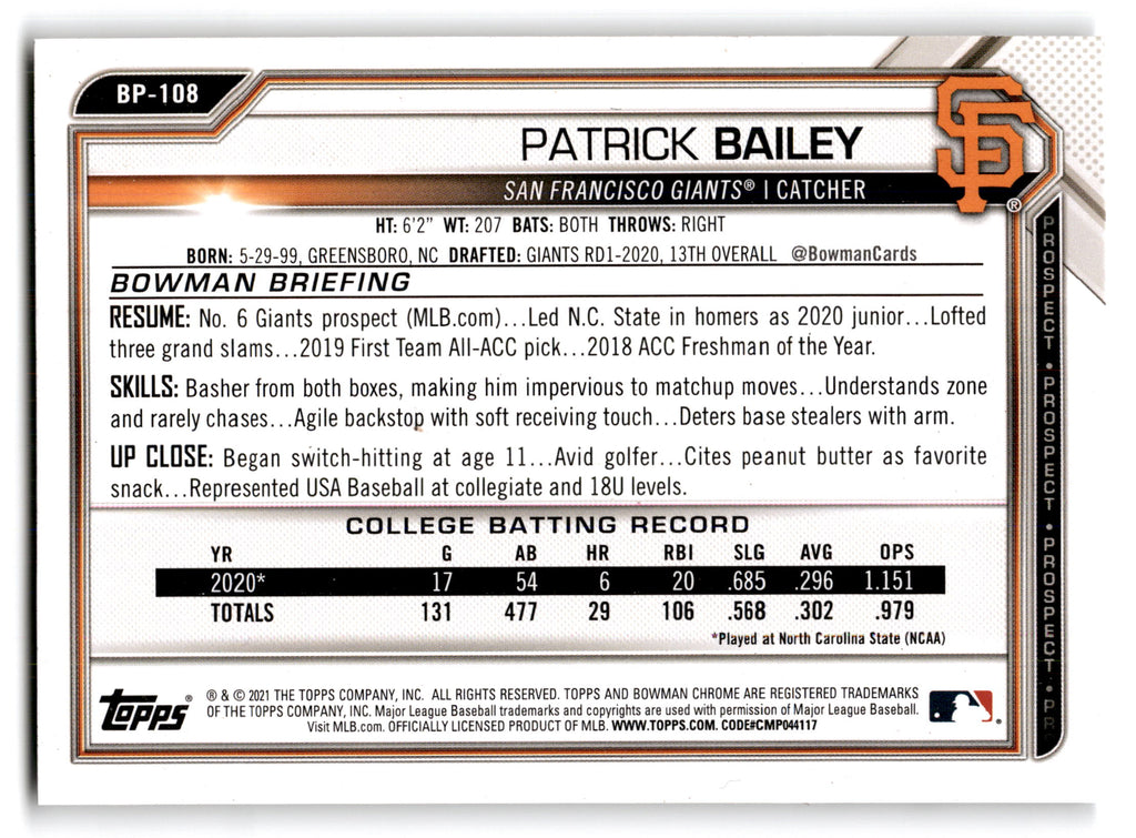2021 Topps Bowman Prospects Patrick Bailey #BP-108