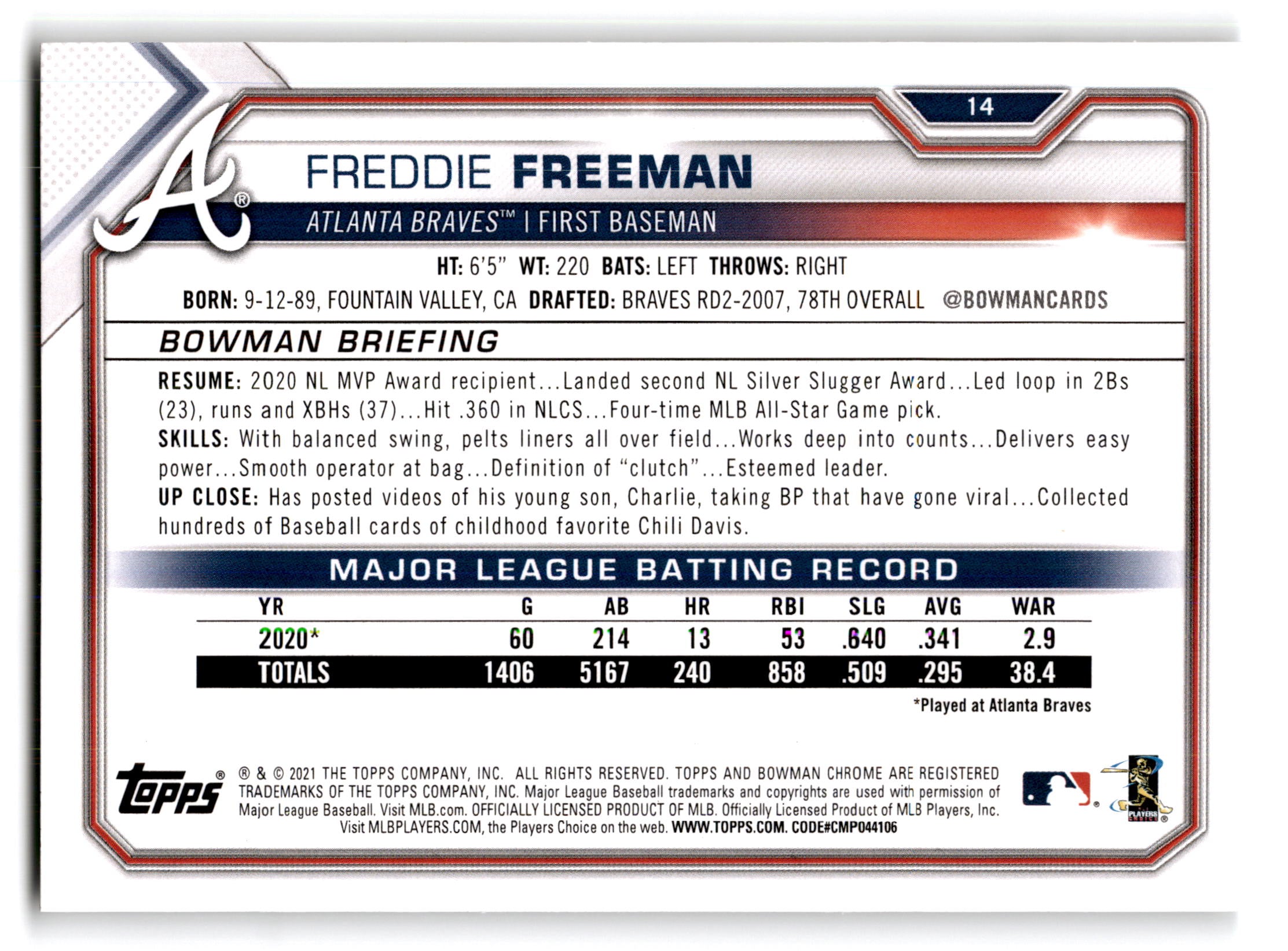 2021 Topps Bowman Freddie Freeman #14