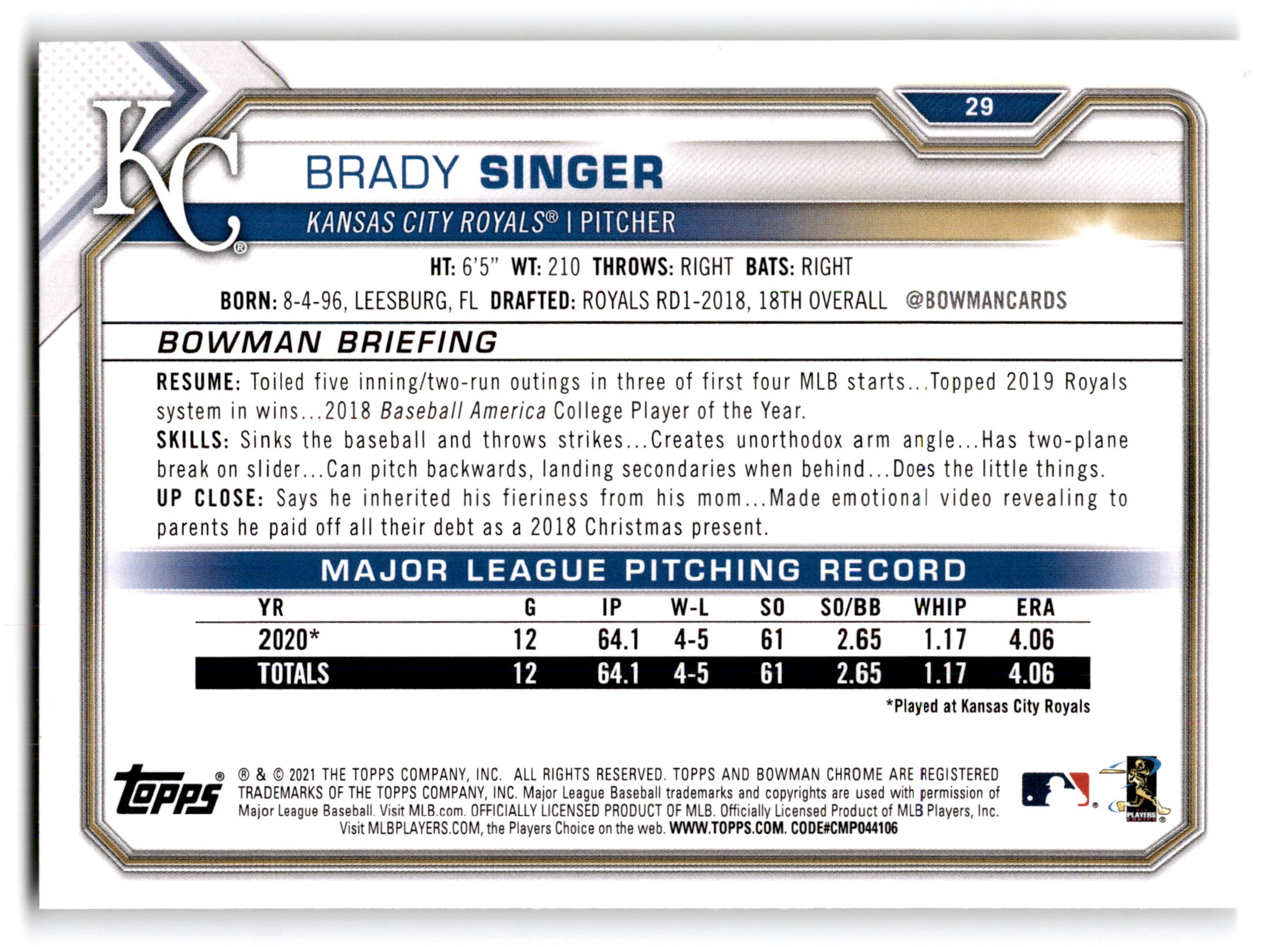 2021 Topps Bowman Brady Singer #29 RC