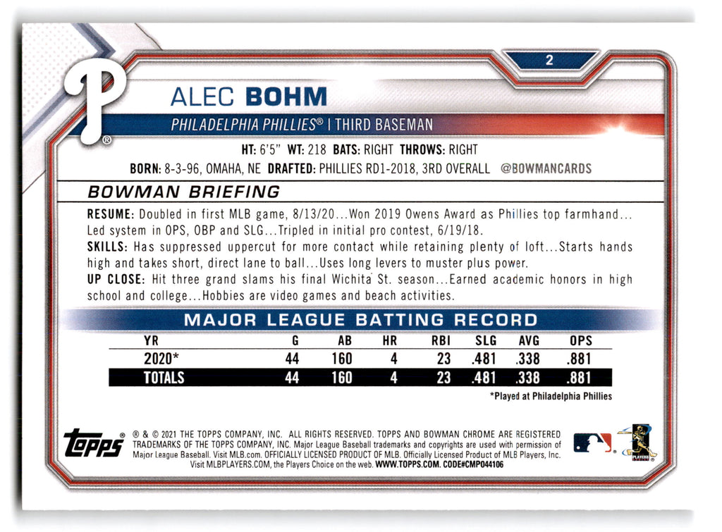 2021 Topps Bowman Alec Bohm #2 RC