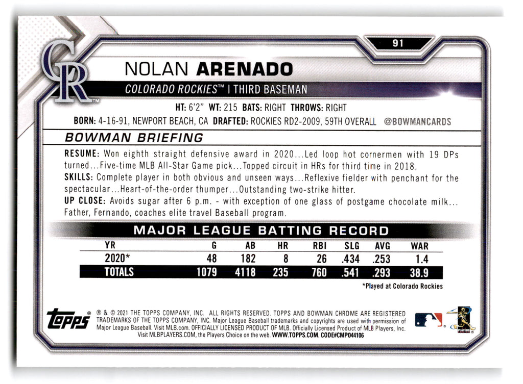 2021 Bowman Nolan Arenado #91