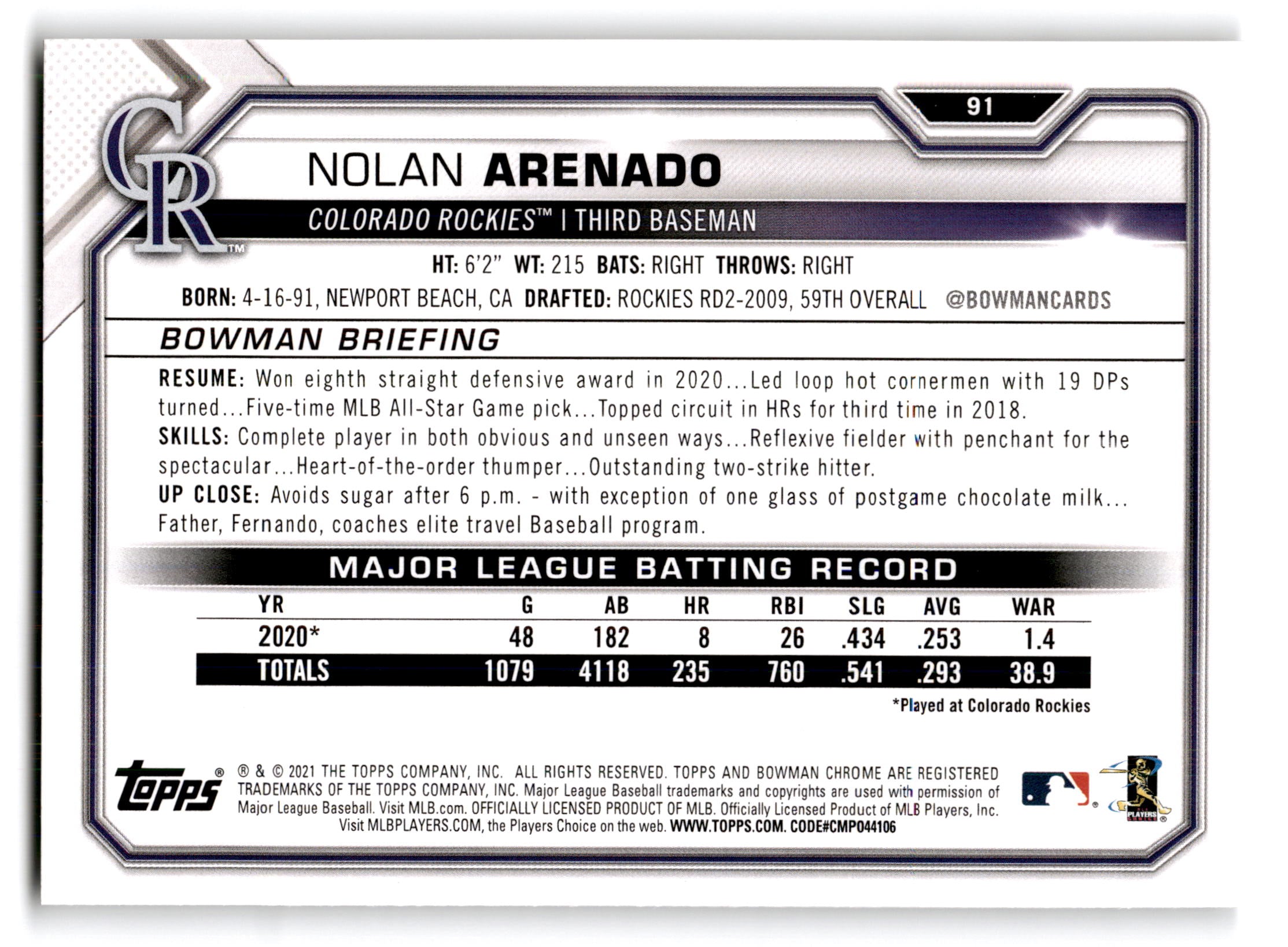 2021 Bowman Nolan Arenado #91