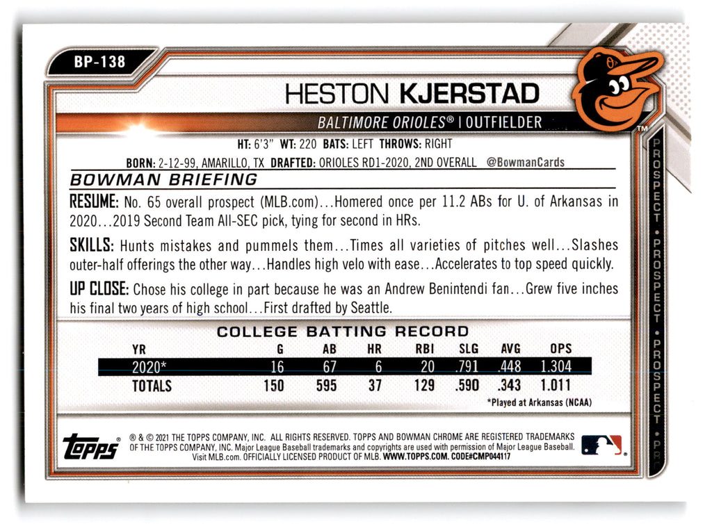 2021 Topps Bowman Prospects Heston Kjerstad #BP-138