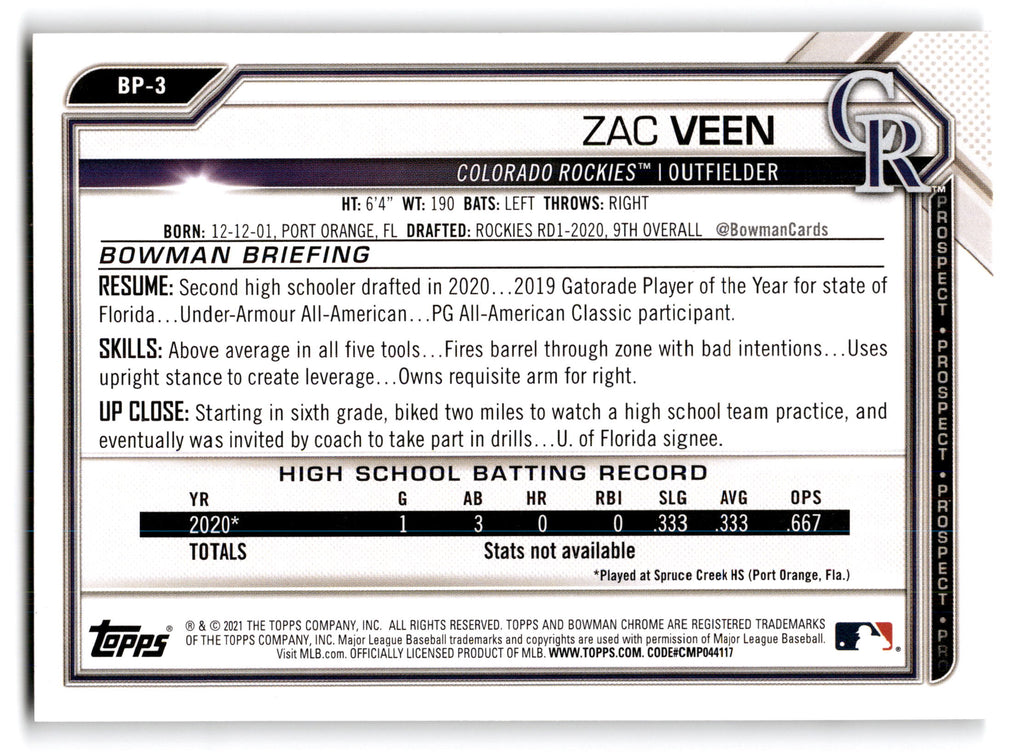 2021 Topps Bowman Prospects Zac Veen #BP-3
