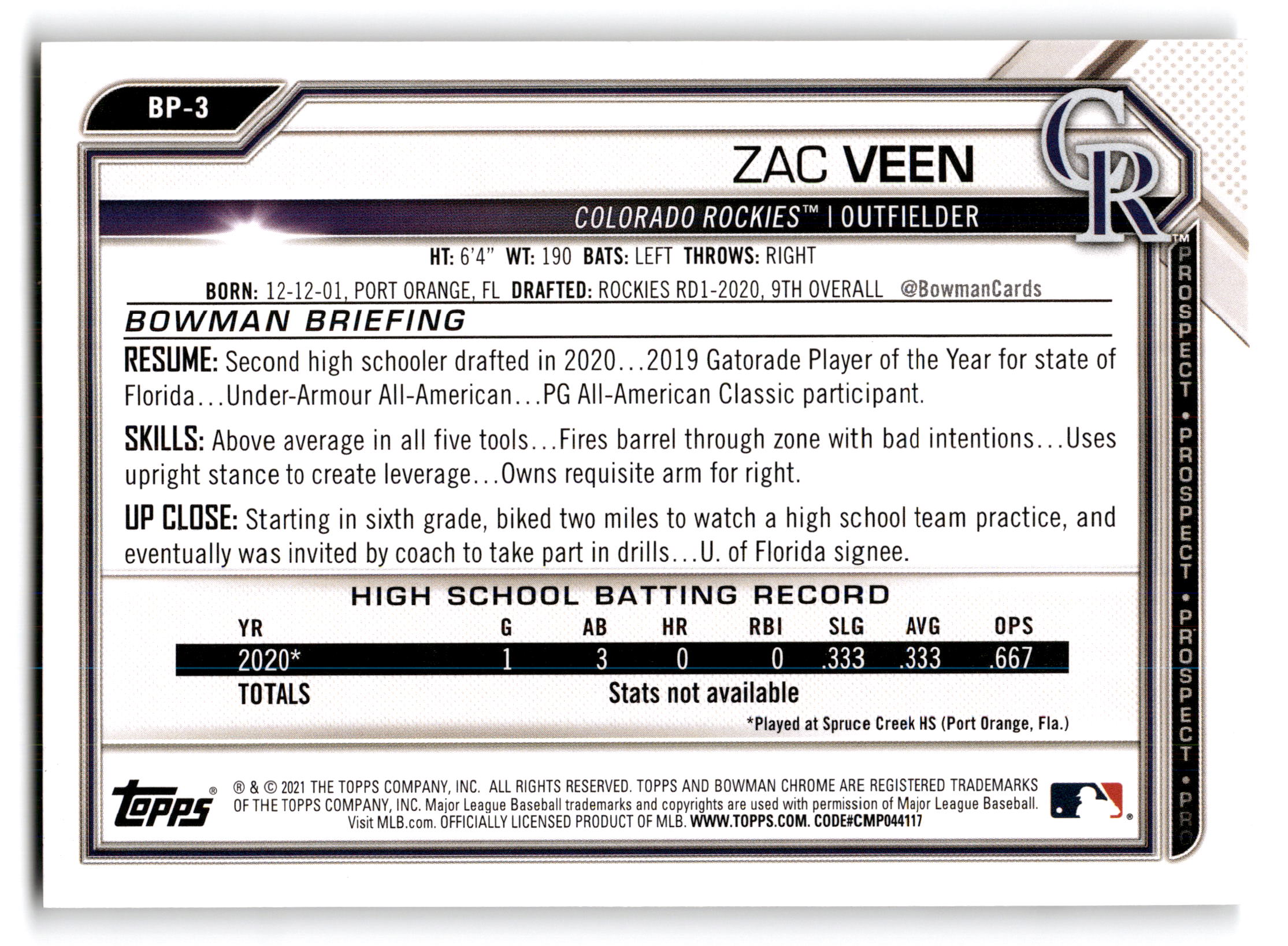2021 Topps Bowman Prospects Zac Veen #BP-3