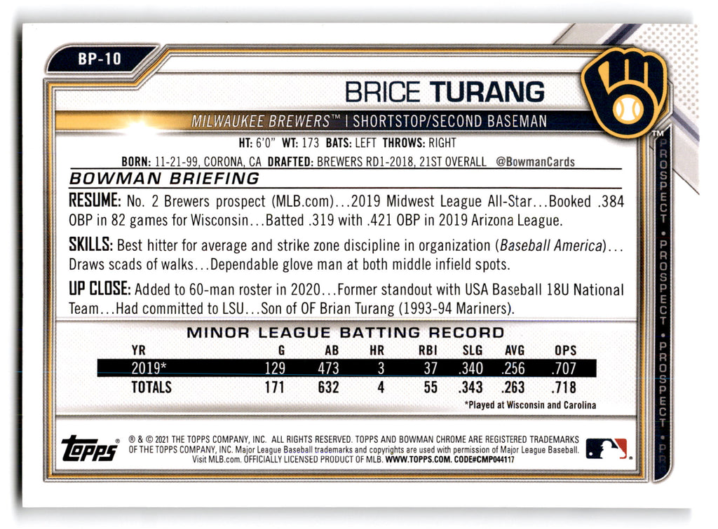 2020 Topps Bowman Prospects Brice Turang #BP-10