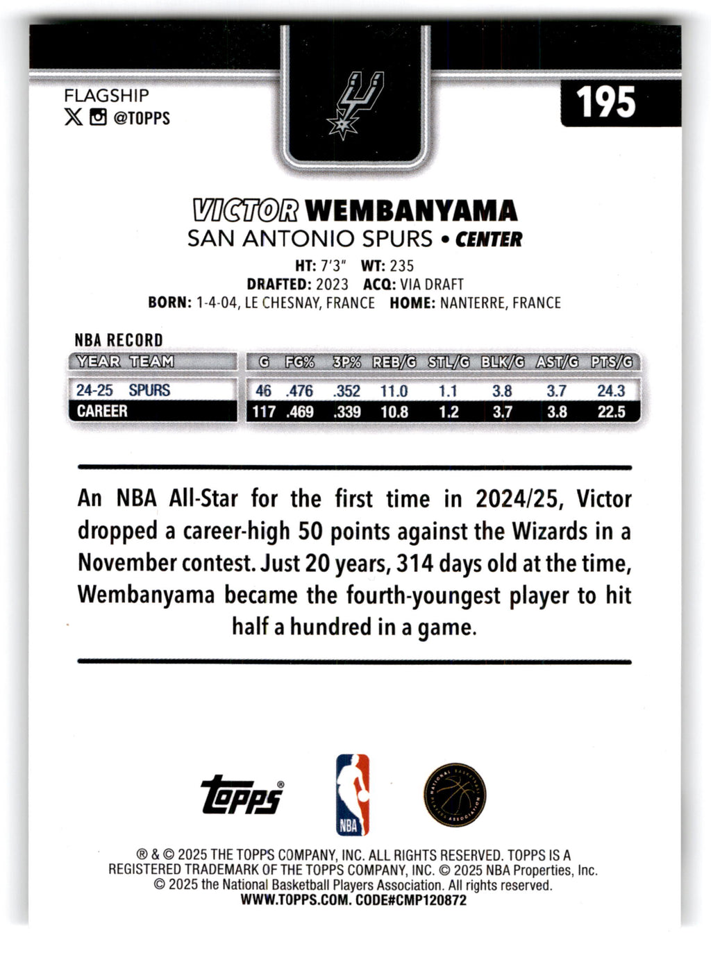 2025 Topps Basketball Victor Wembanyama #195