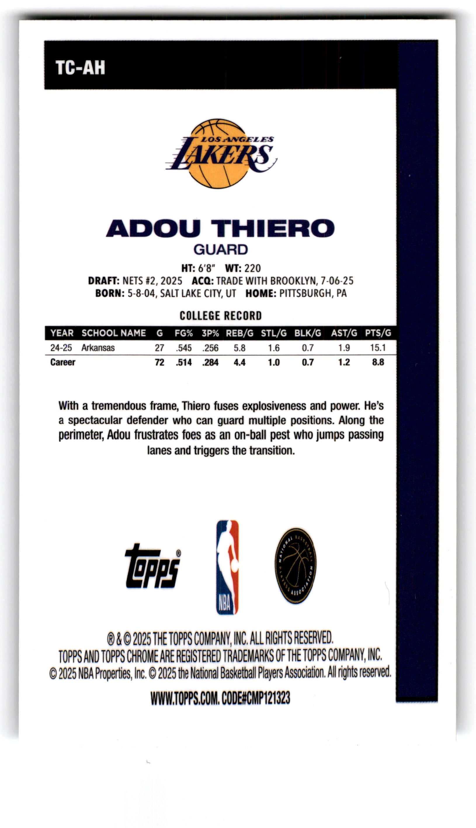 2025 Topps Chrome Adou Thiero #TC-AH RC