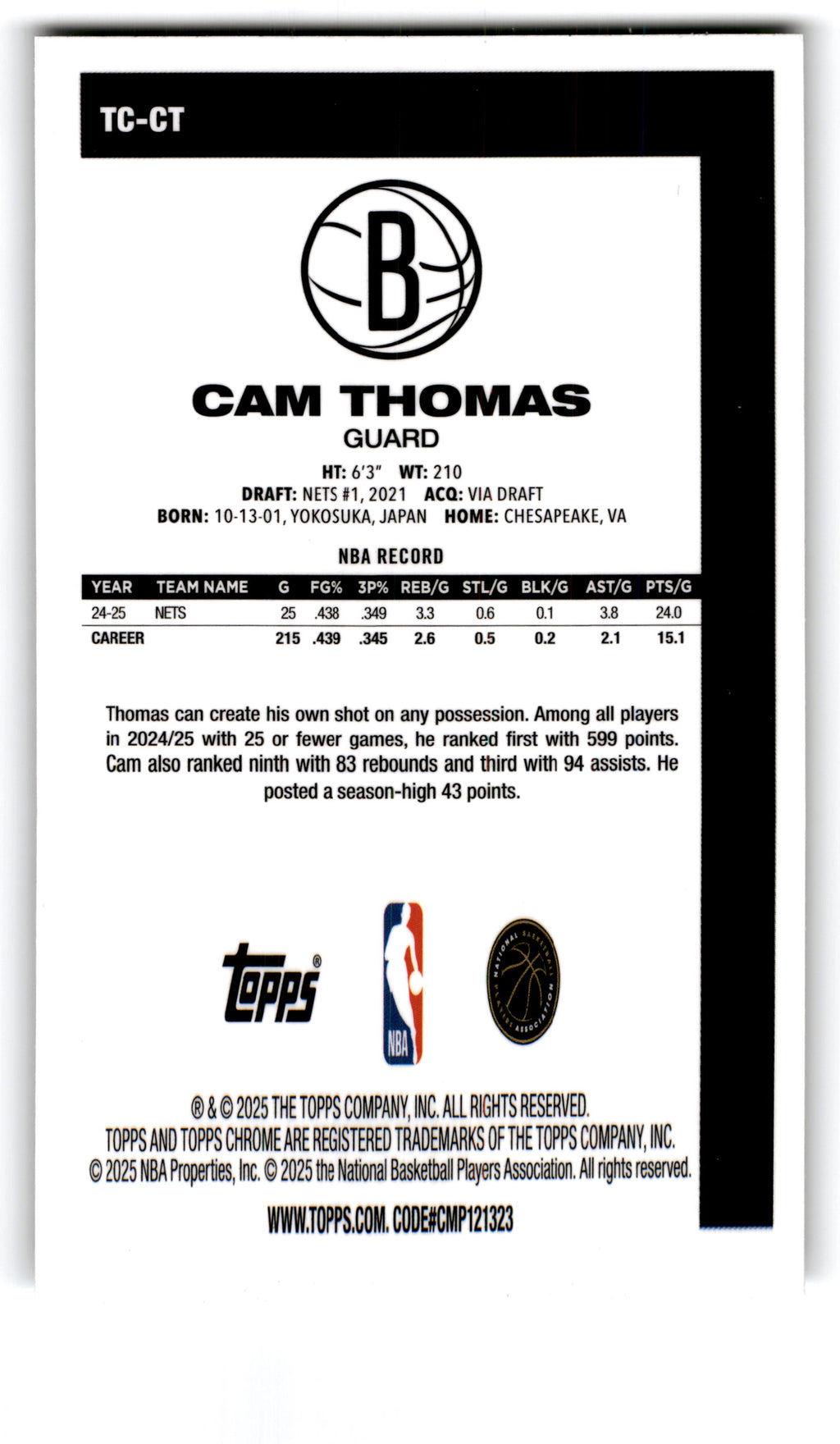2025 Topps Chrome Cam Thomas #TC-CT