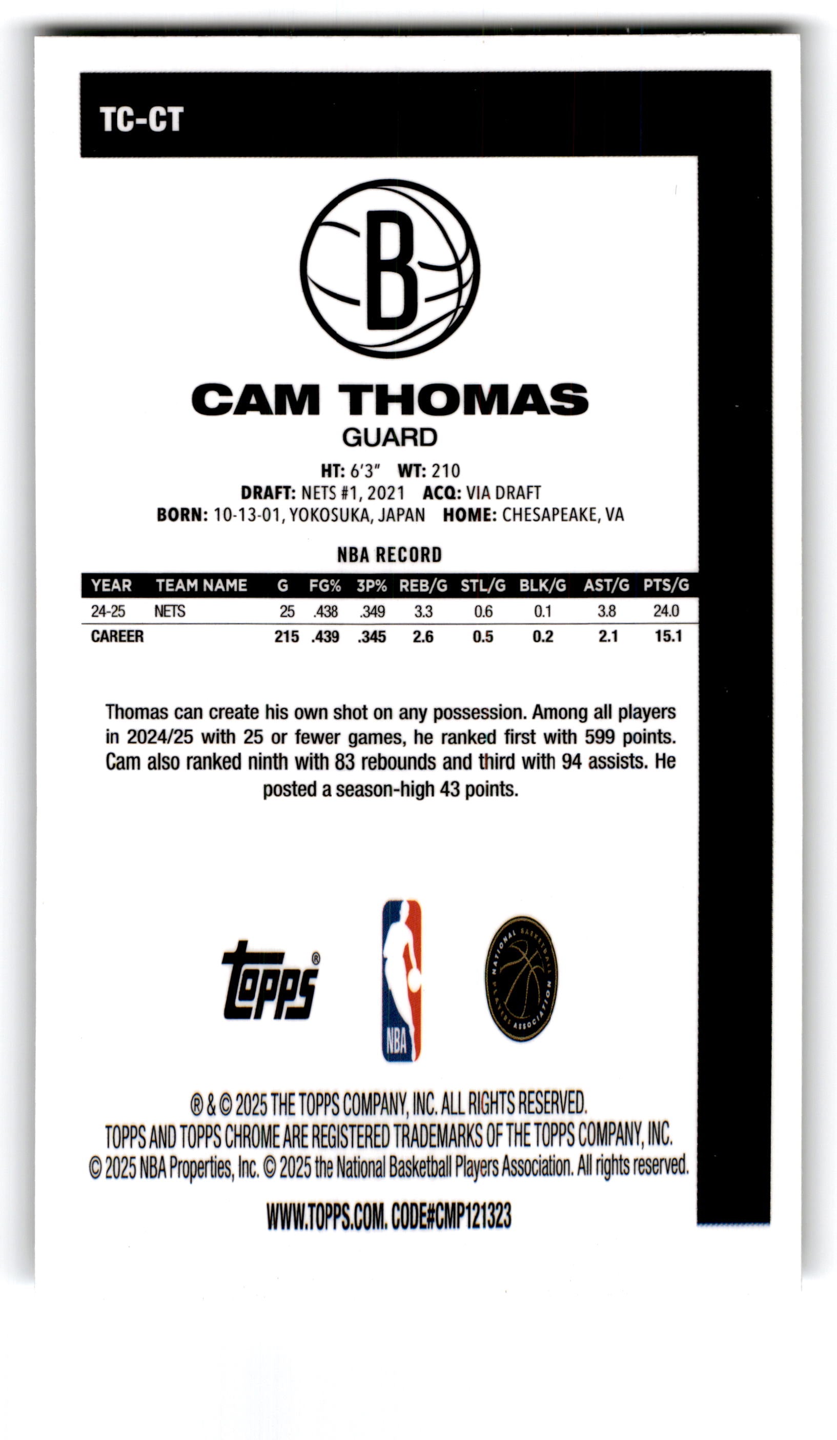 2025 Topps Chrome Cam Thomas #TC-CT