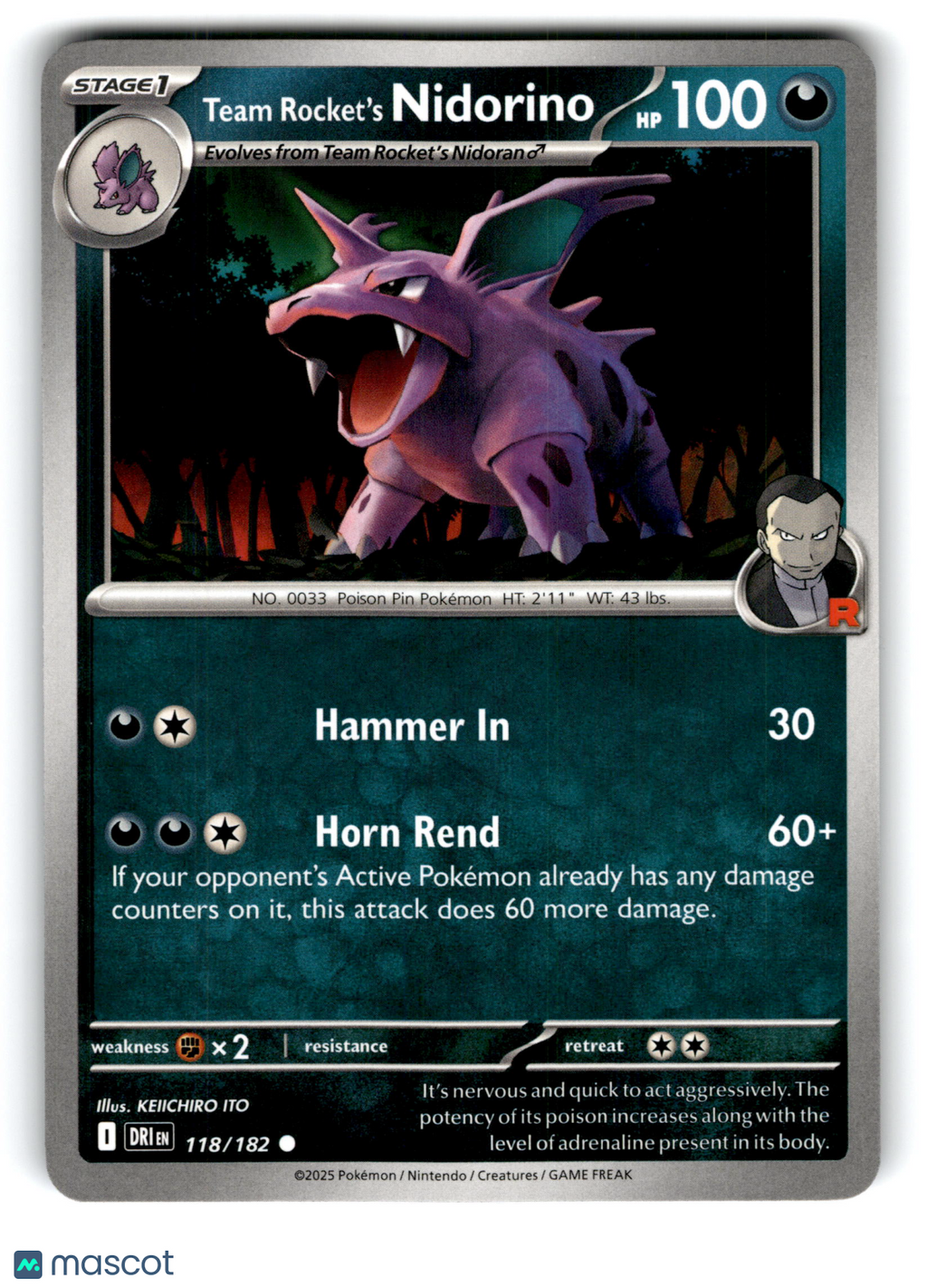 2025 Pokemon Team Rocket's Nidorino #118/182