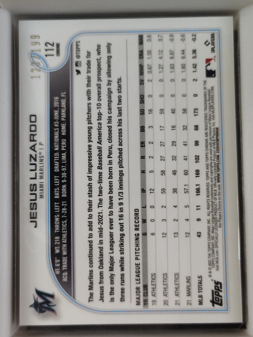 2022 Topps Chrome - Jesus Luzardo #112 Aqua Sonic Refractor 128/199