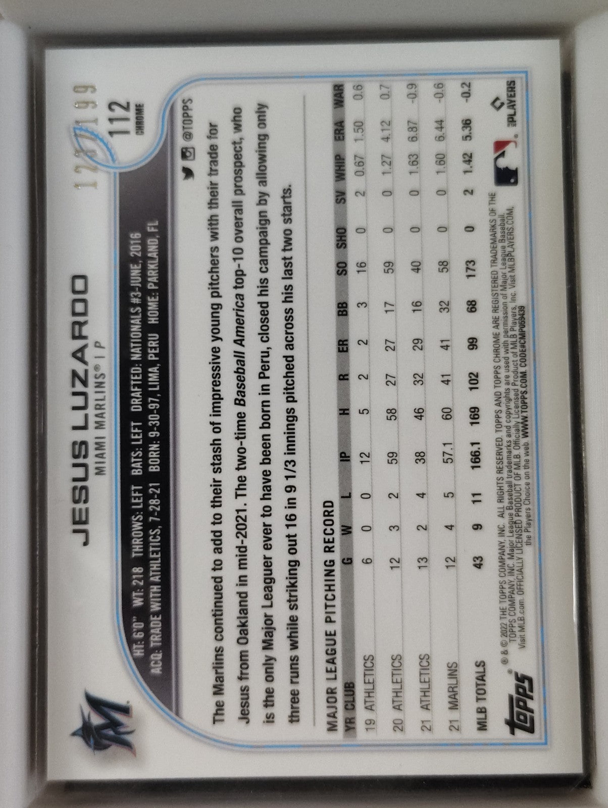 2022 Topps Chrome - Jesus Luzardo #112 Aqua Sonic Refractor 128/199
