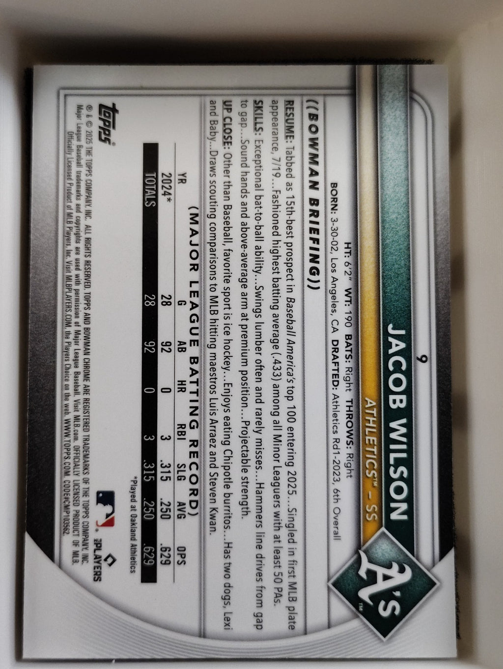 2025 Bowman - Jacob Wilson #9 Chrome Mojo Refractor (RC)