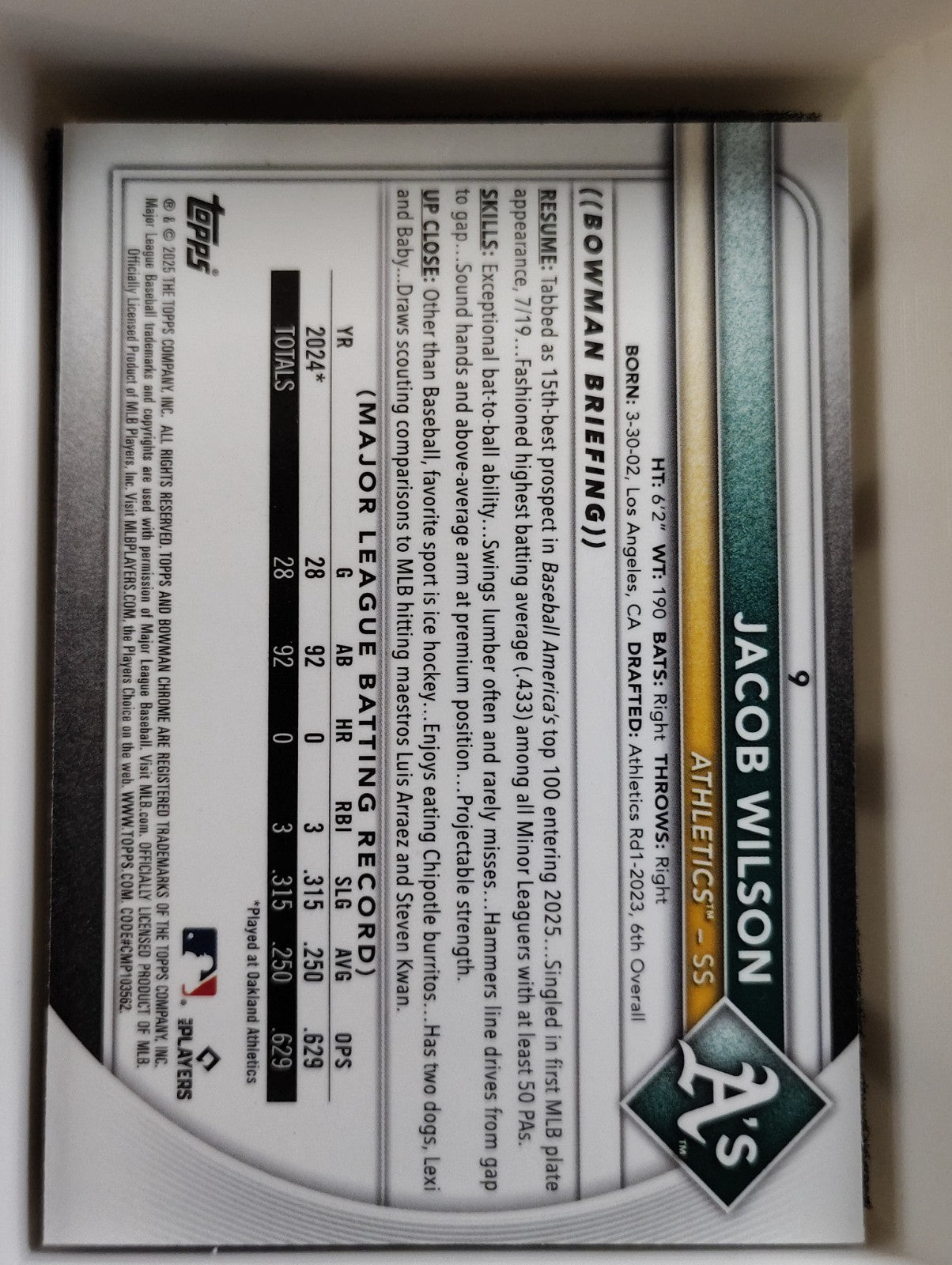 2025 Bowman - Jacob Wilson #9 Chrome Mojo Refractor (RC)