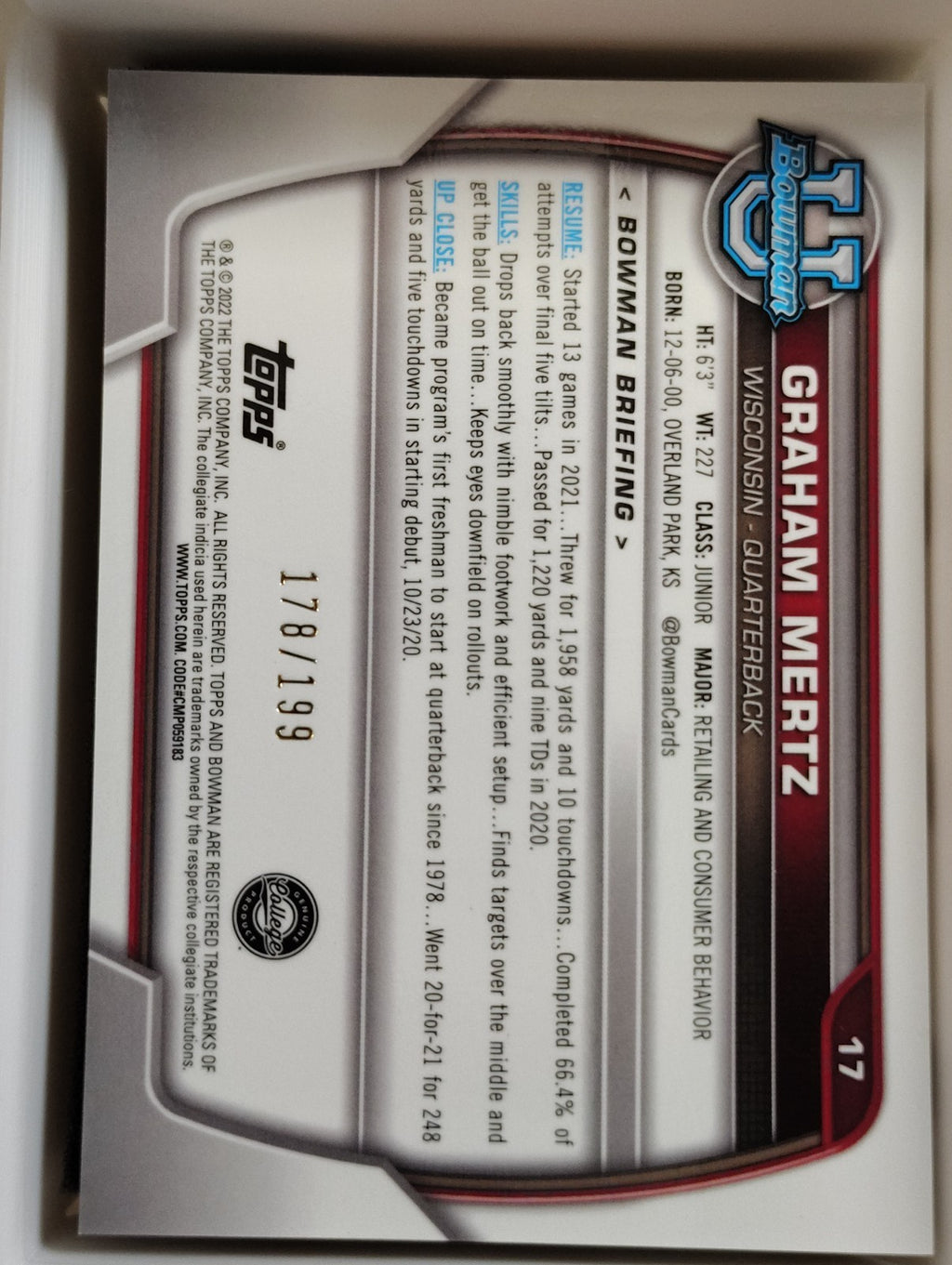2022 Bowman University Chrome #17 Graham Mertz Sky Blue 178/199