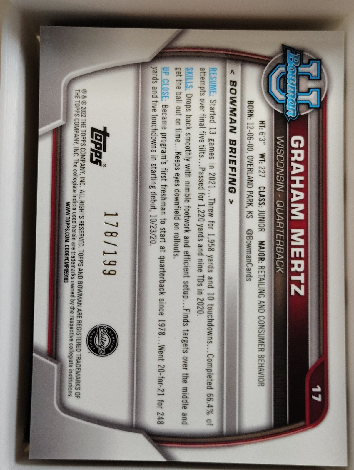 2022 Bowman University Chrome #17 Graham Mertz Sky Blue 178/199