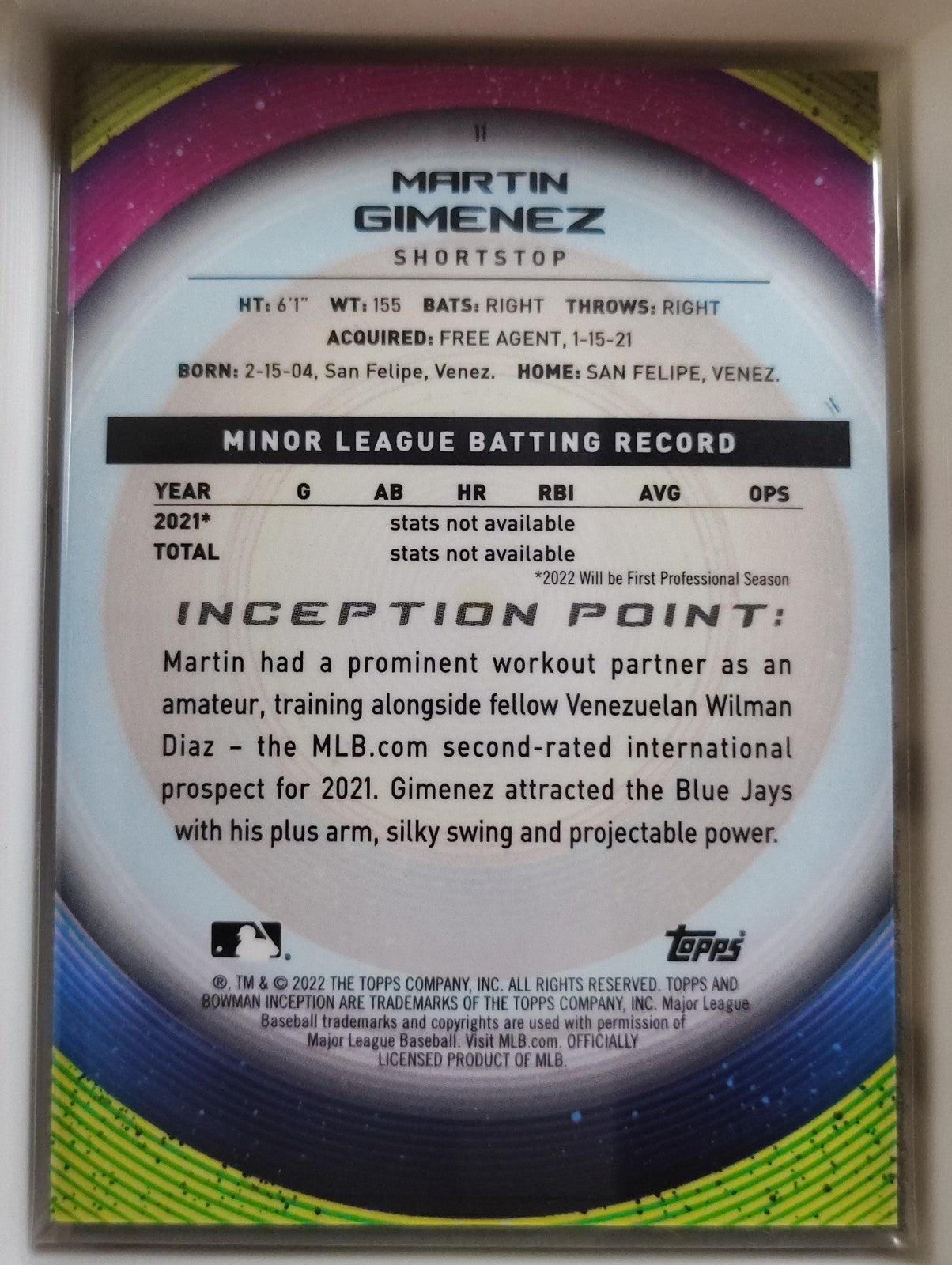 2022 Bowman Inception #11 Martin Gimenez 69/75 Fushia