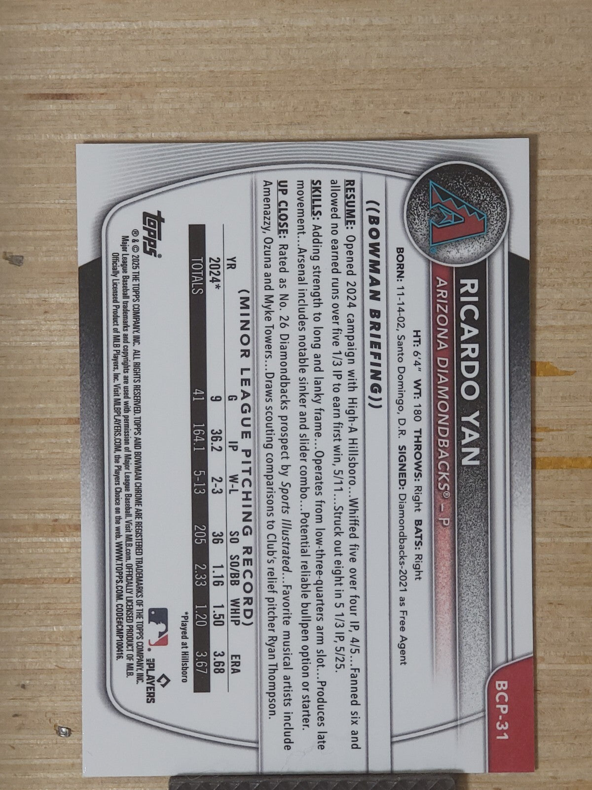2025 Bowman Chrome - Prospects Ricardo Yan #BCP-31 Purple Wave 077/199