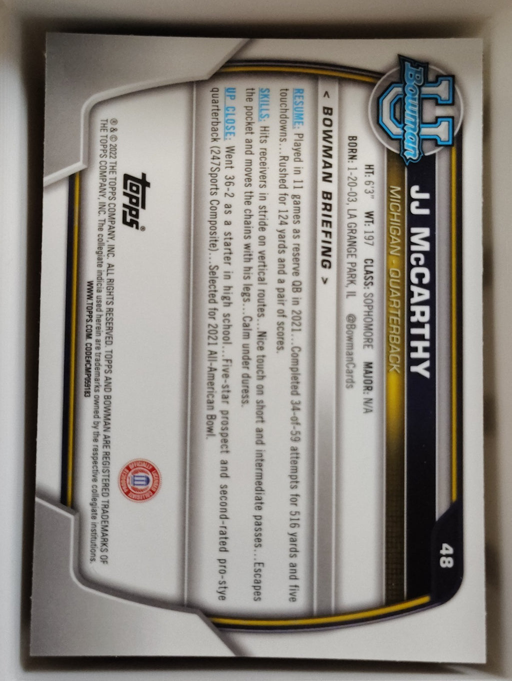 2022 Bowman Chrome #48 JJ McCarthy