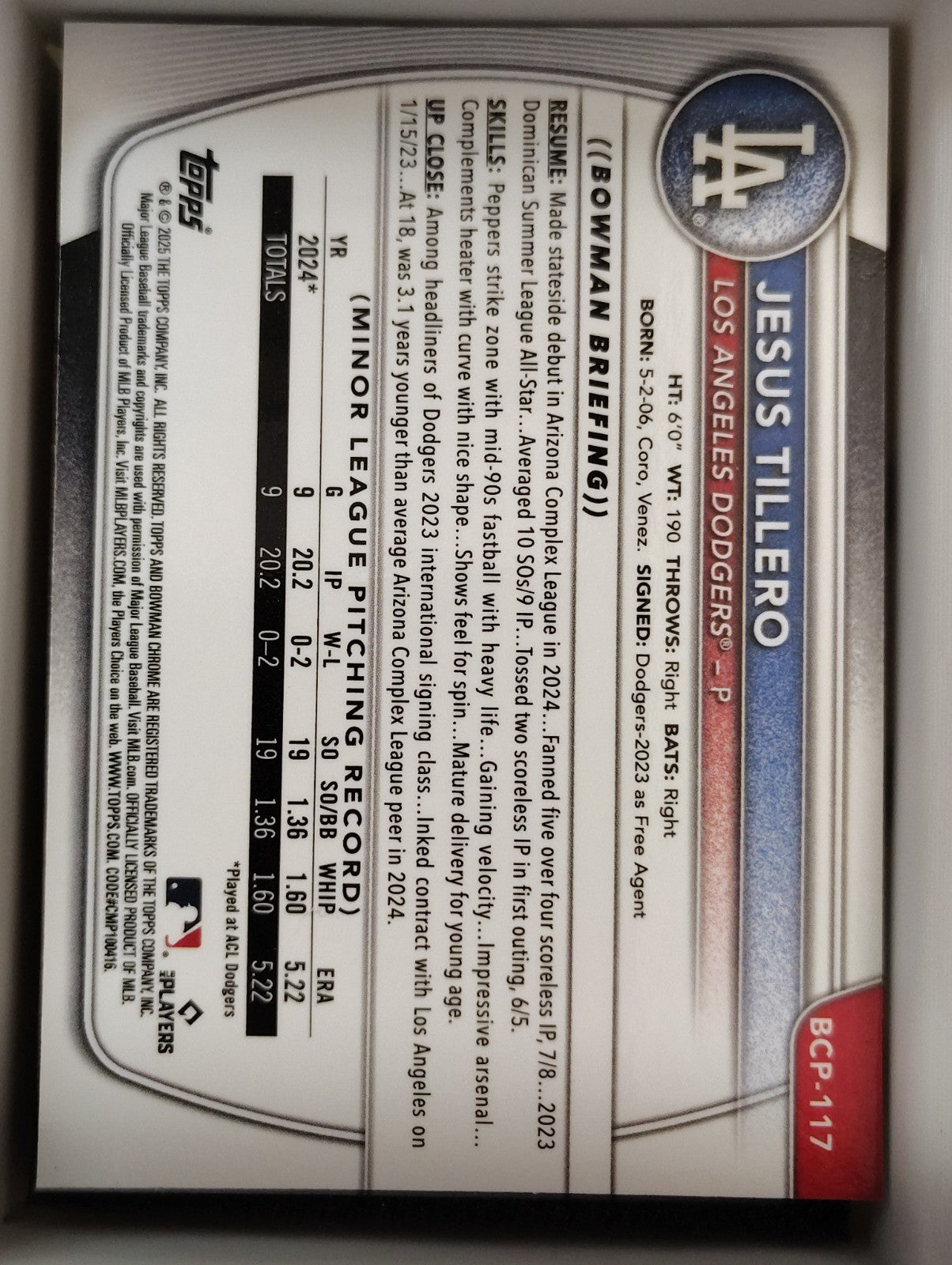 2025 Bowman - Chrome Prospects Jesus Tillero #BCP-117 Fuchsia Wave 096/199