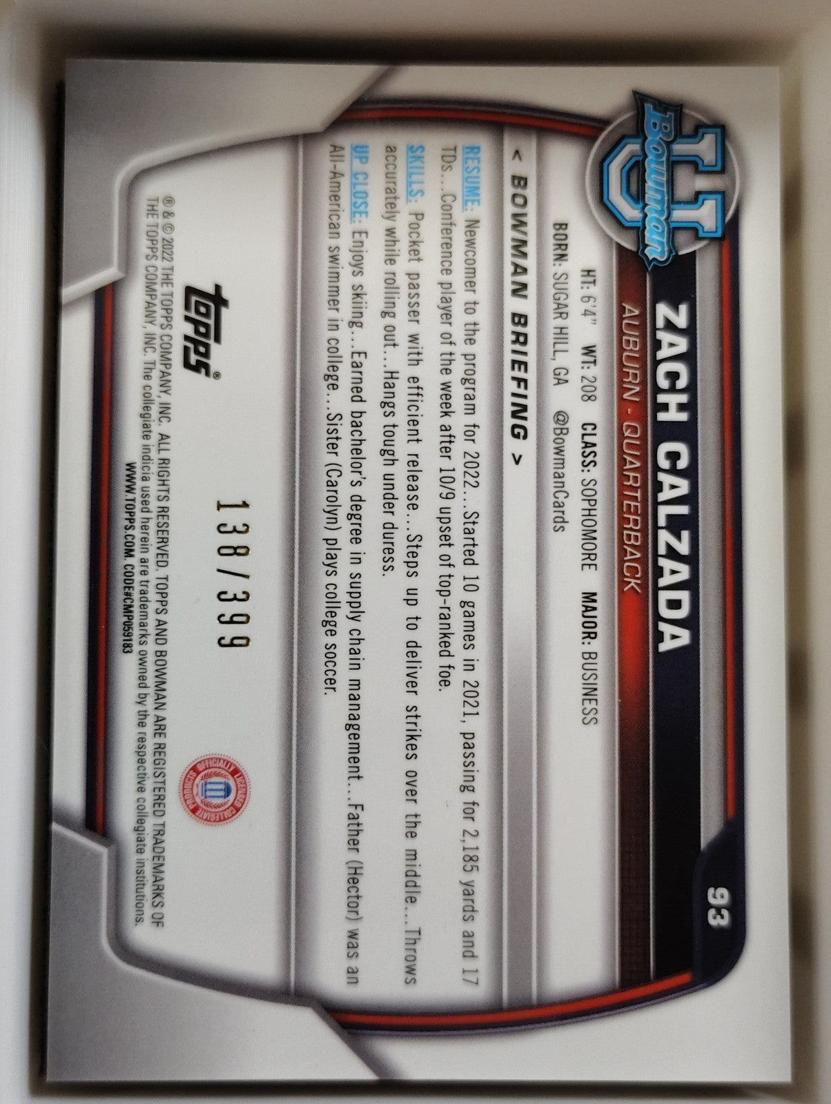 2022 Bowman University Chrome - Zach Calzada #93 Purple Refractor /399 (RC)