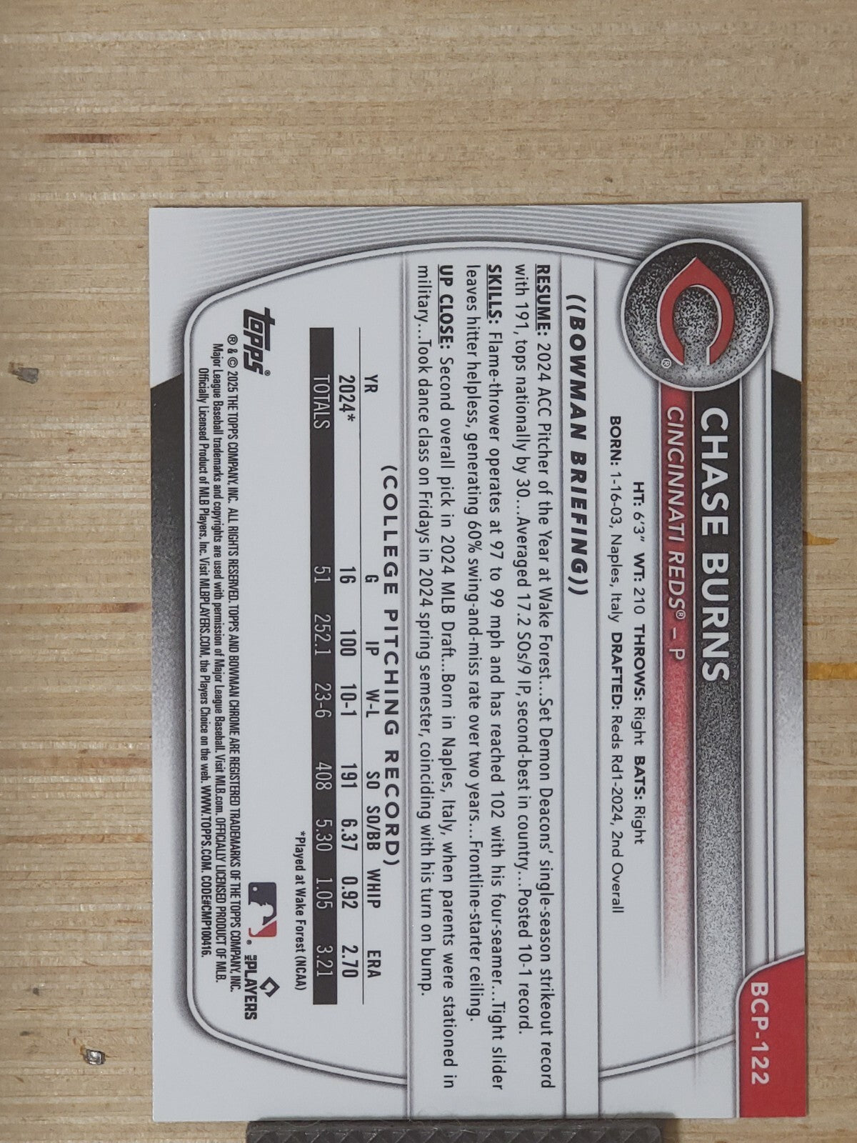 2025 Bowman #BCP-122 Chase Burns Mini Diamond