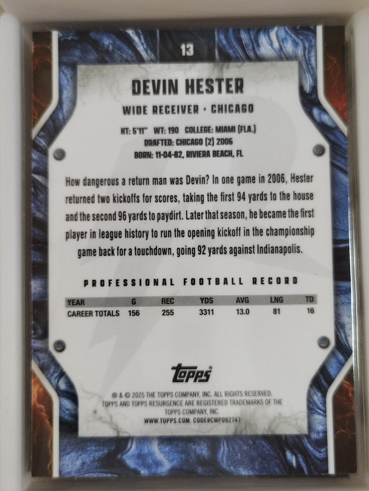 2024 Topps Resurgence - Devin Hester #13 White Wave 041/125