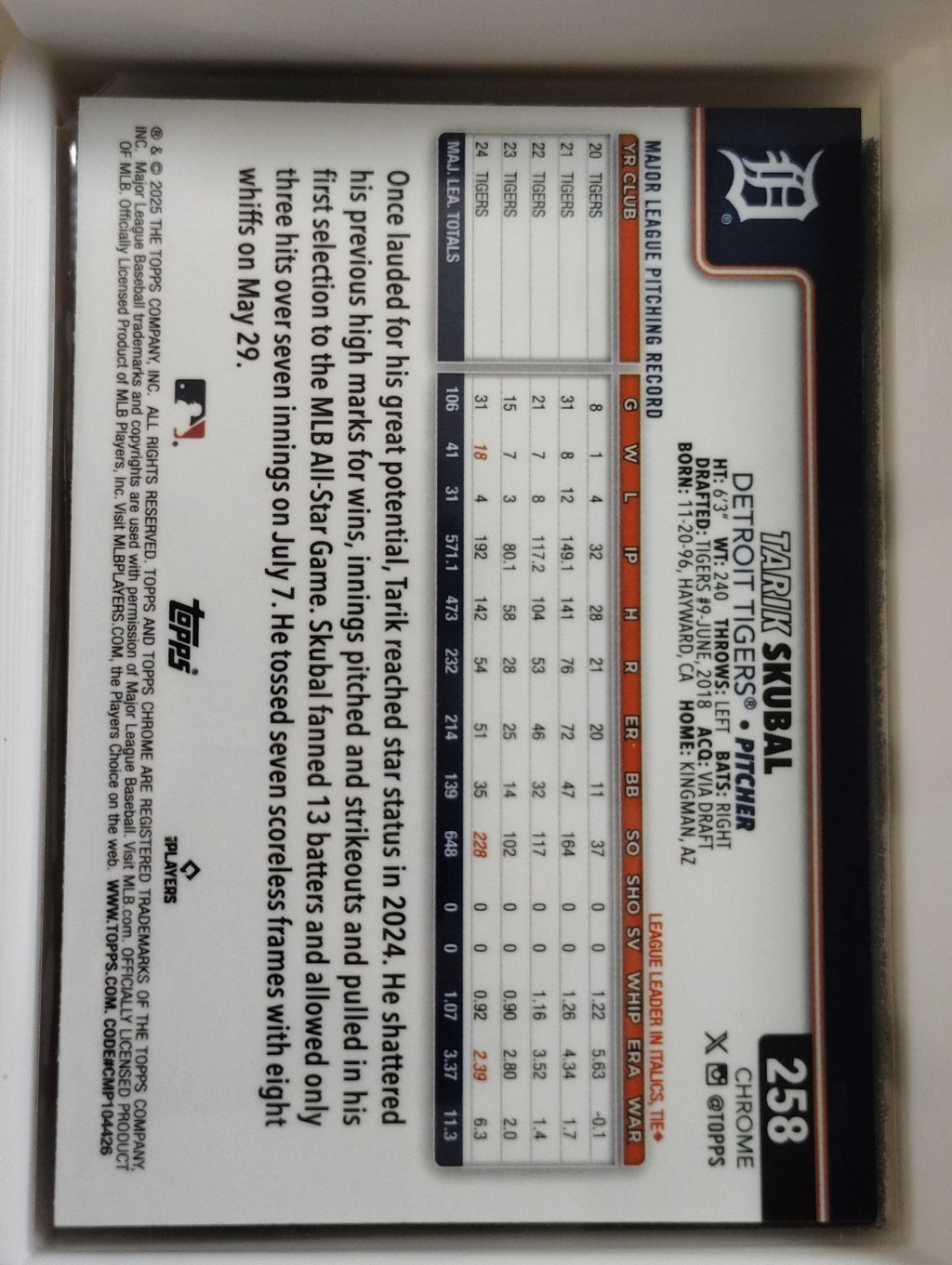 2025 Topps Chrome #258 Tarik Skubal Hyper