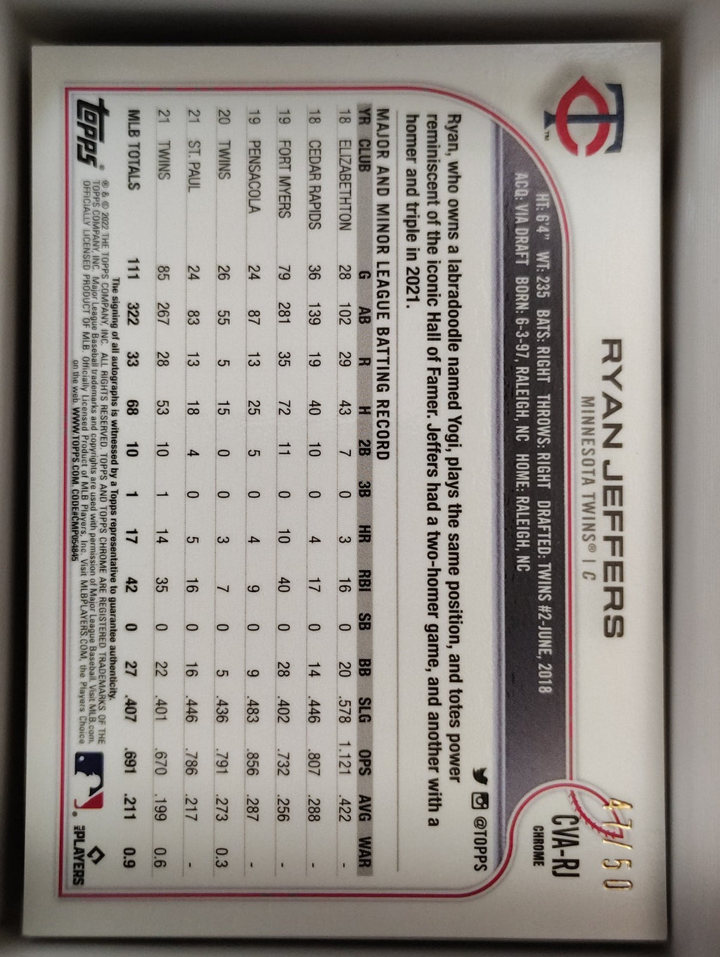2022 Topps Chrome - Chrome Veteran Autos Ryan Jeffers #CVA-RJ Gold Wave /50