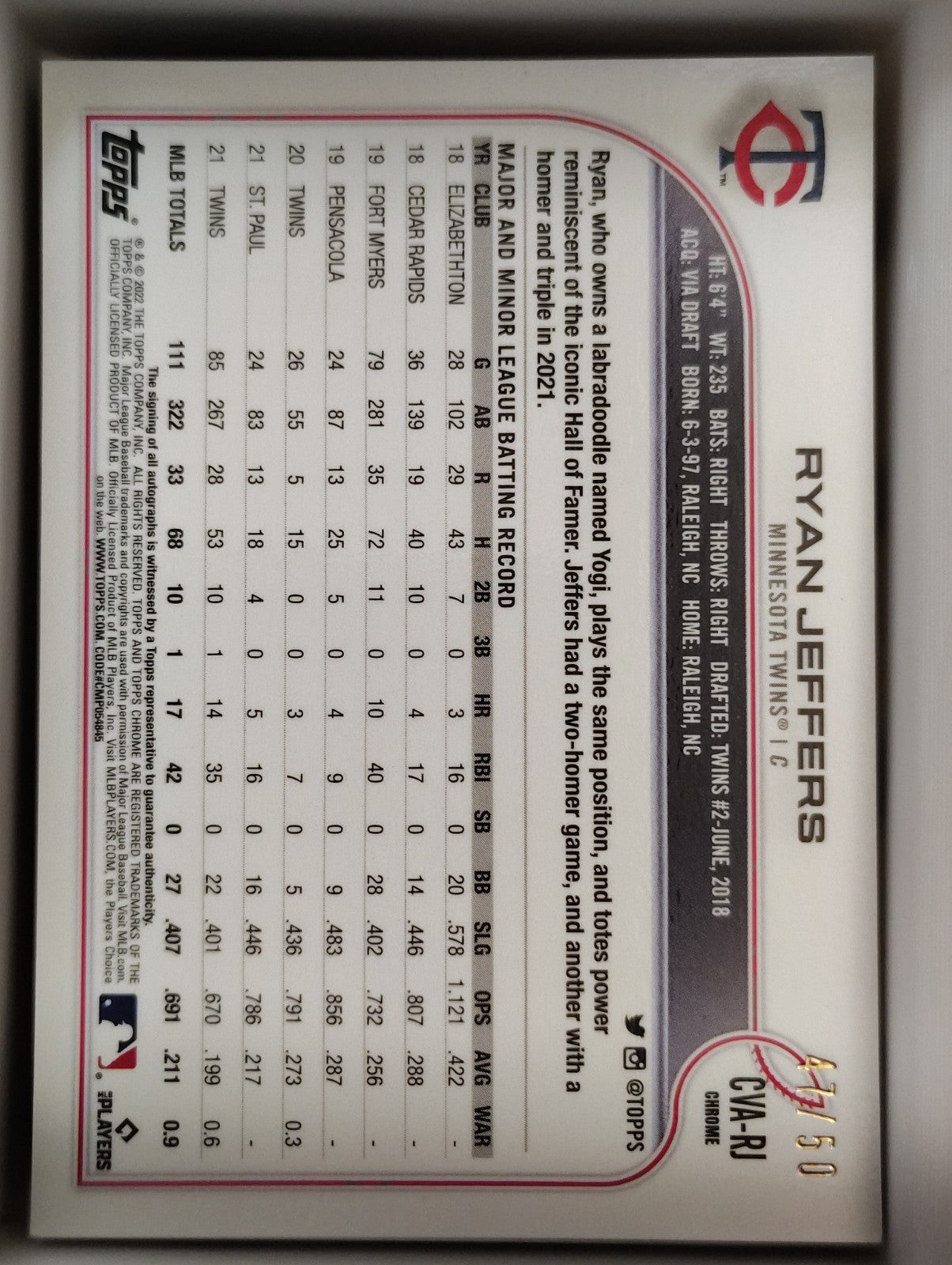 2022 Topps Chrome - Chrome Veteran Autos Ryan Jeffers #CVA-RJ Gold Wave /50
